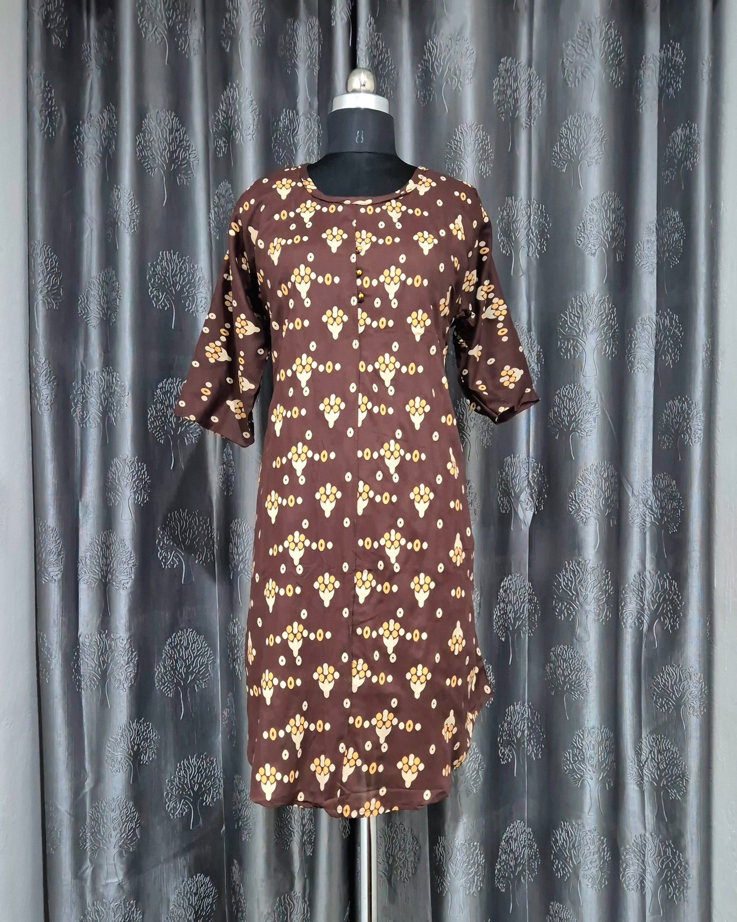 Brown Dotted Motif Printed Kurti
