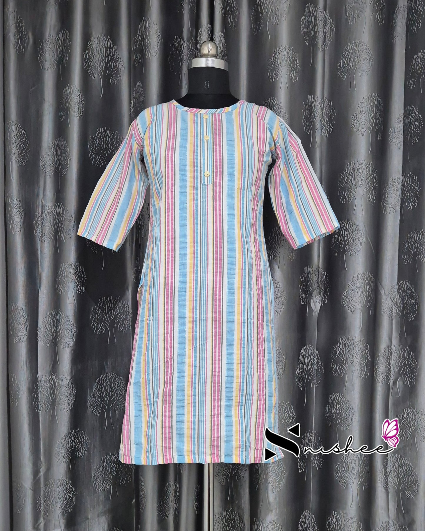 Pink/ Blue Stripes Short Straight Cut Kurti