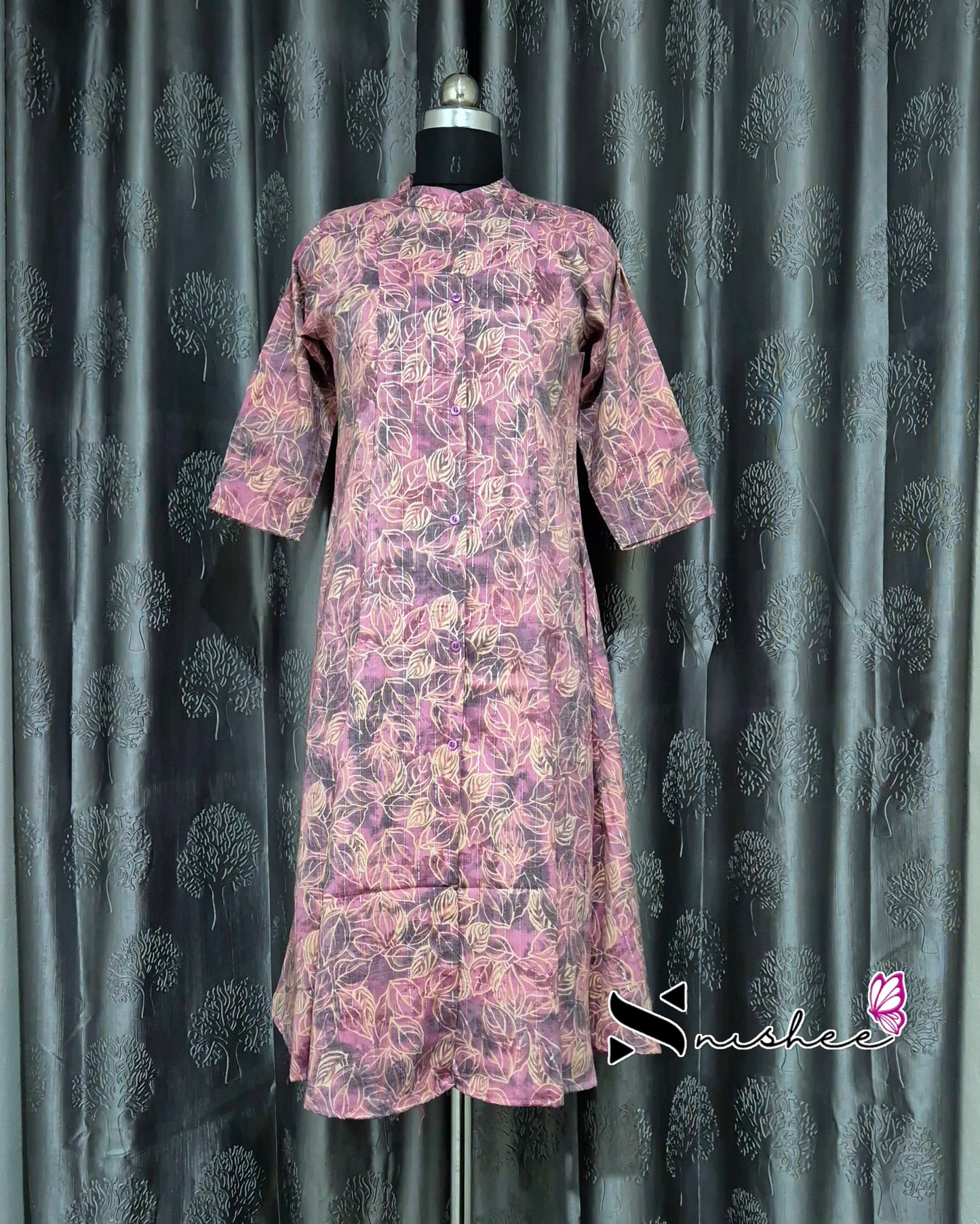Pink Leaf Chinese Collar A Line Kurti