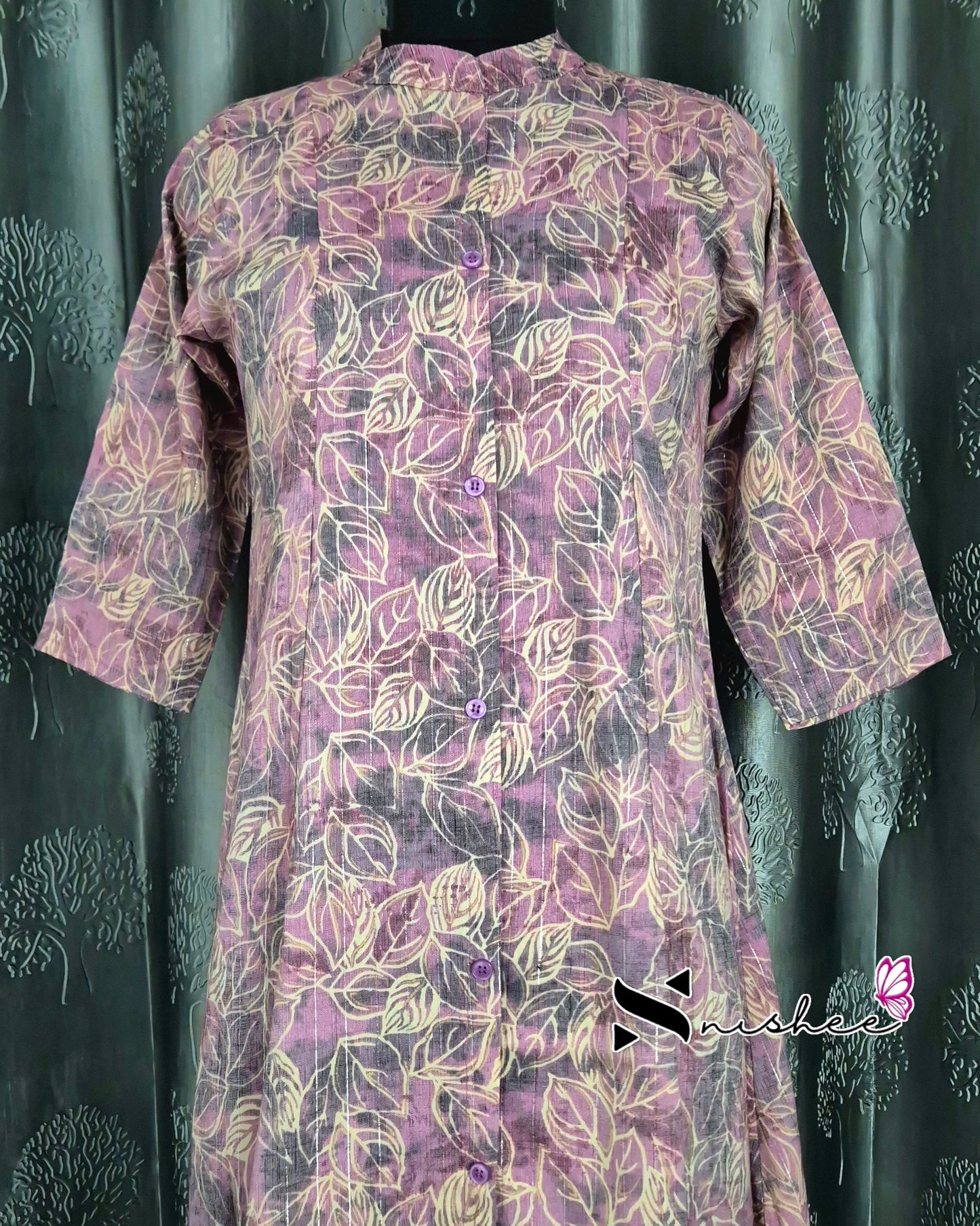 Pink Leaf Chinese Collar A Line Kurti