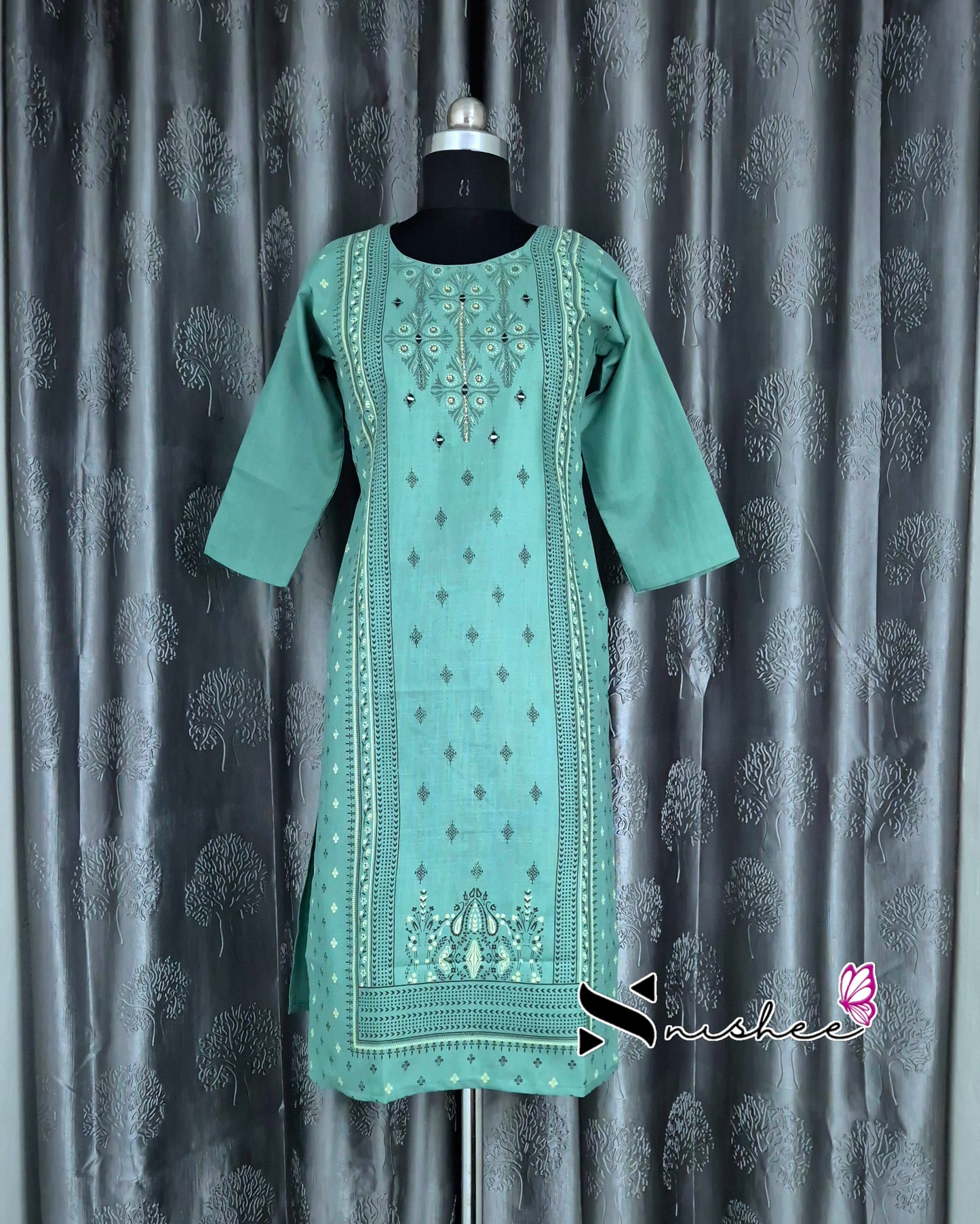 Green Mirror Embroidered Patterned Cotton Kurti