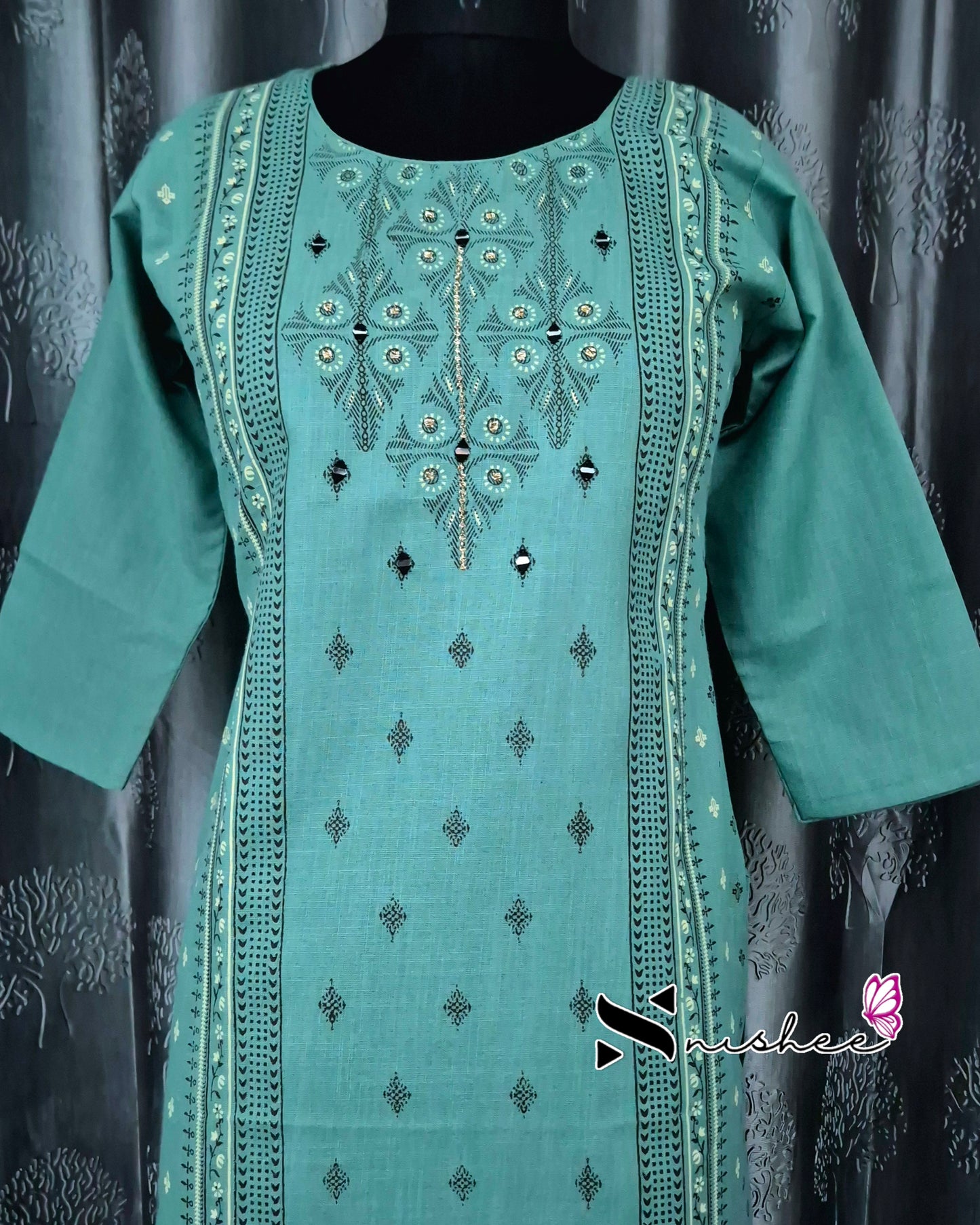 Green Mirror Embroidered Patterned Cotton Kurti