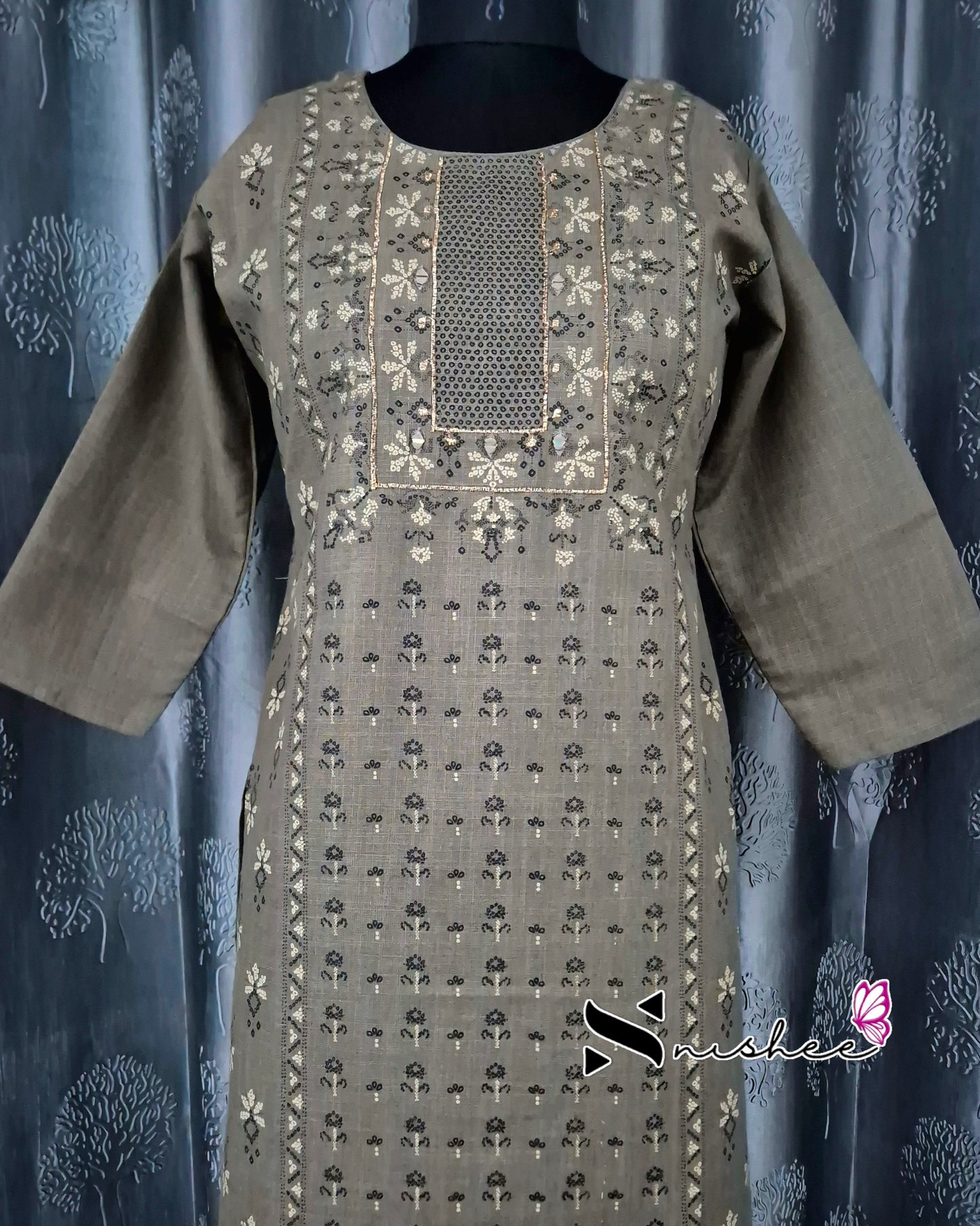 Olive Green Patterned Cotton Kurti