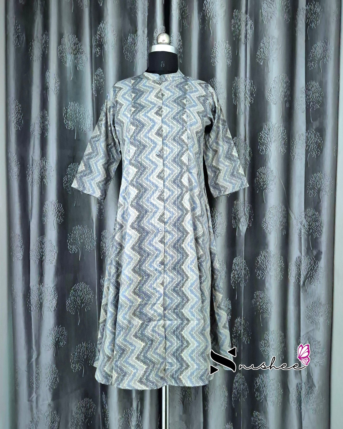 Grey Zigzag Chinese Collar A Line Kurti