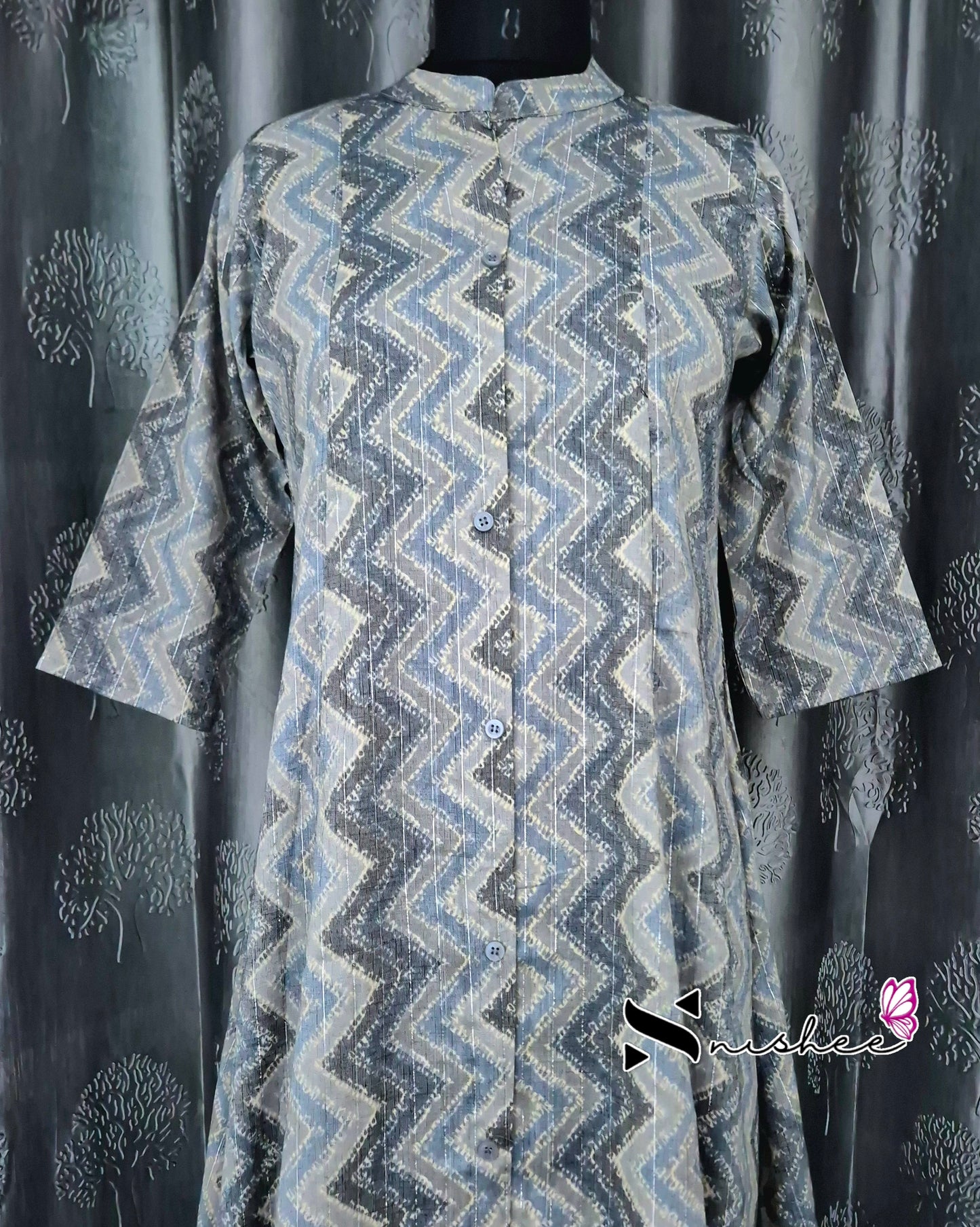 Grey Zigzag Chinese Collar A Line Kurti
