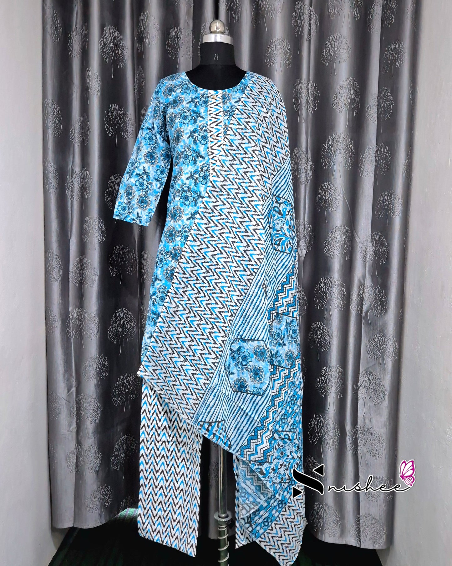 Blue Floral Kurti Set with Dupatta