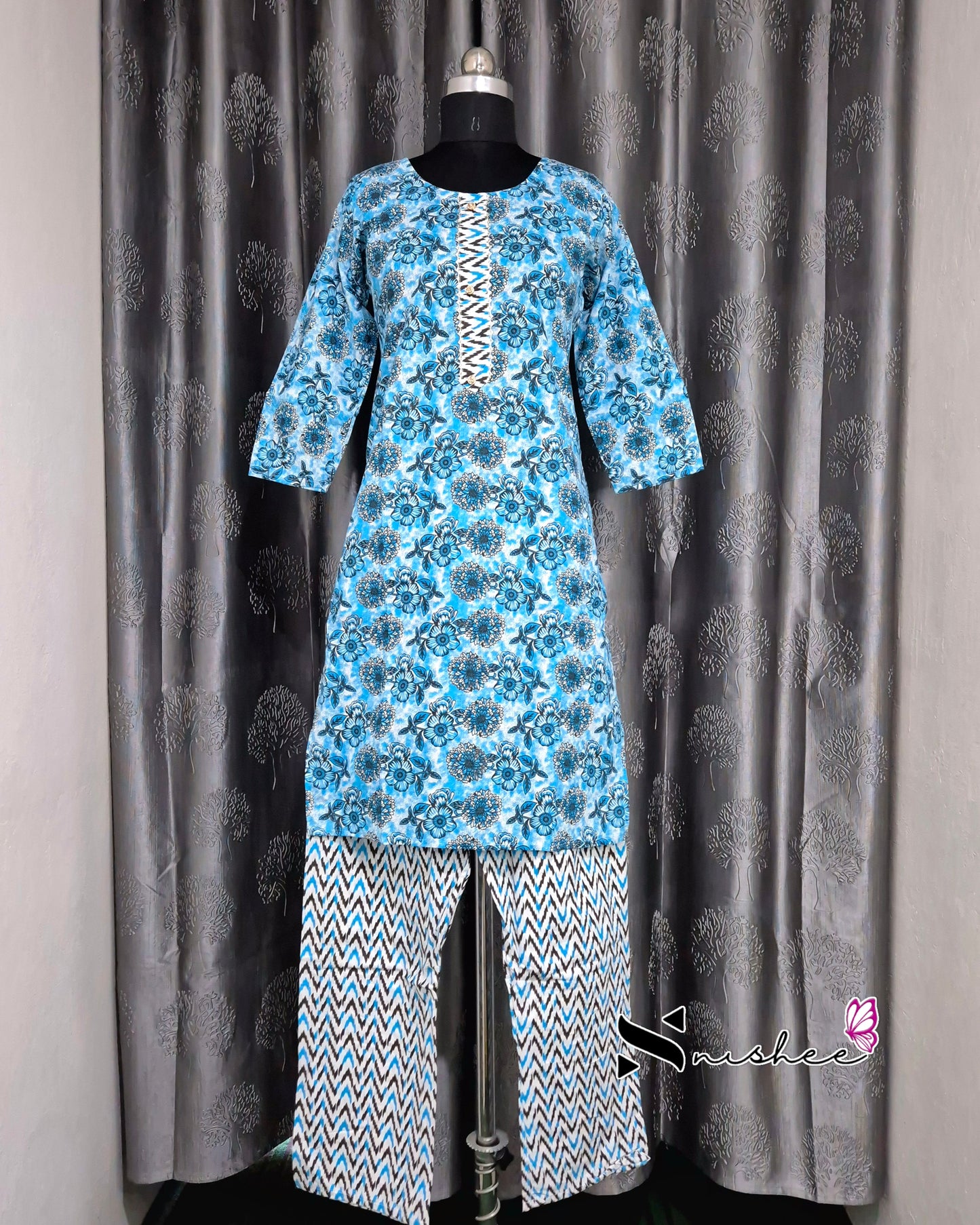 Blue Floral Kurti Set with Dupatta