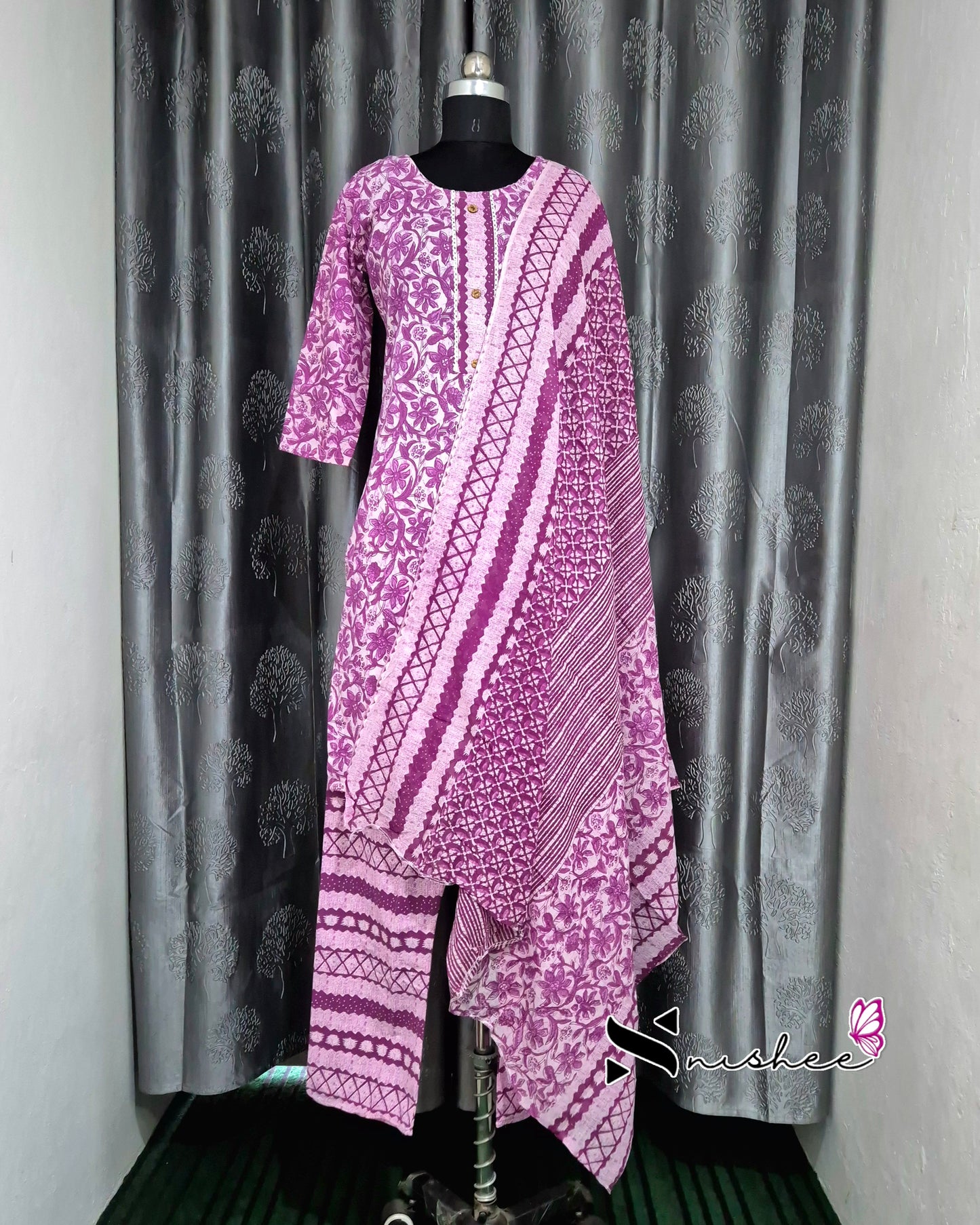 Magenta Floral Kurti Set with Dupatta