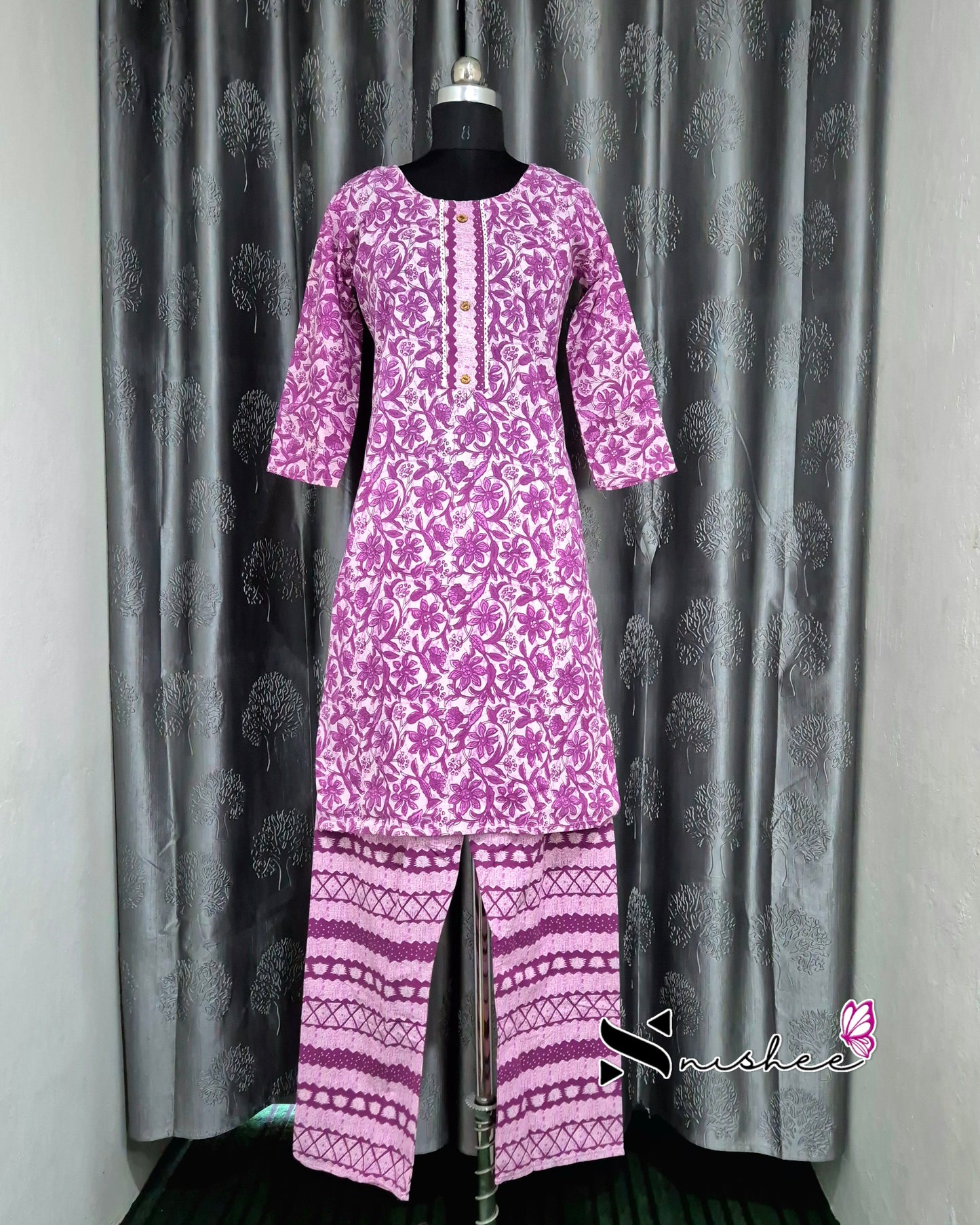 Magenta Floral Kurti Set with Dupatta