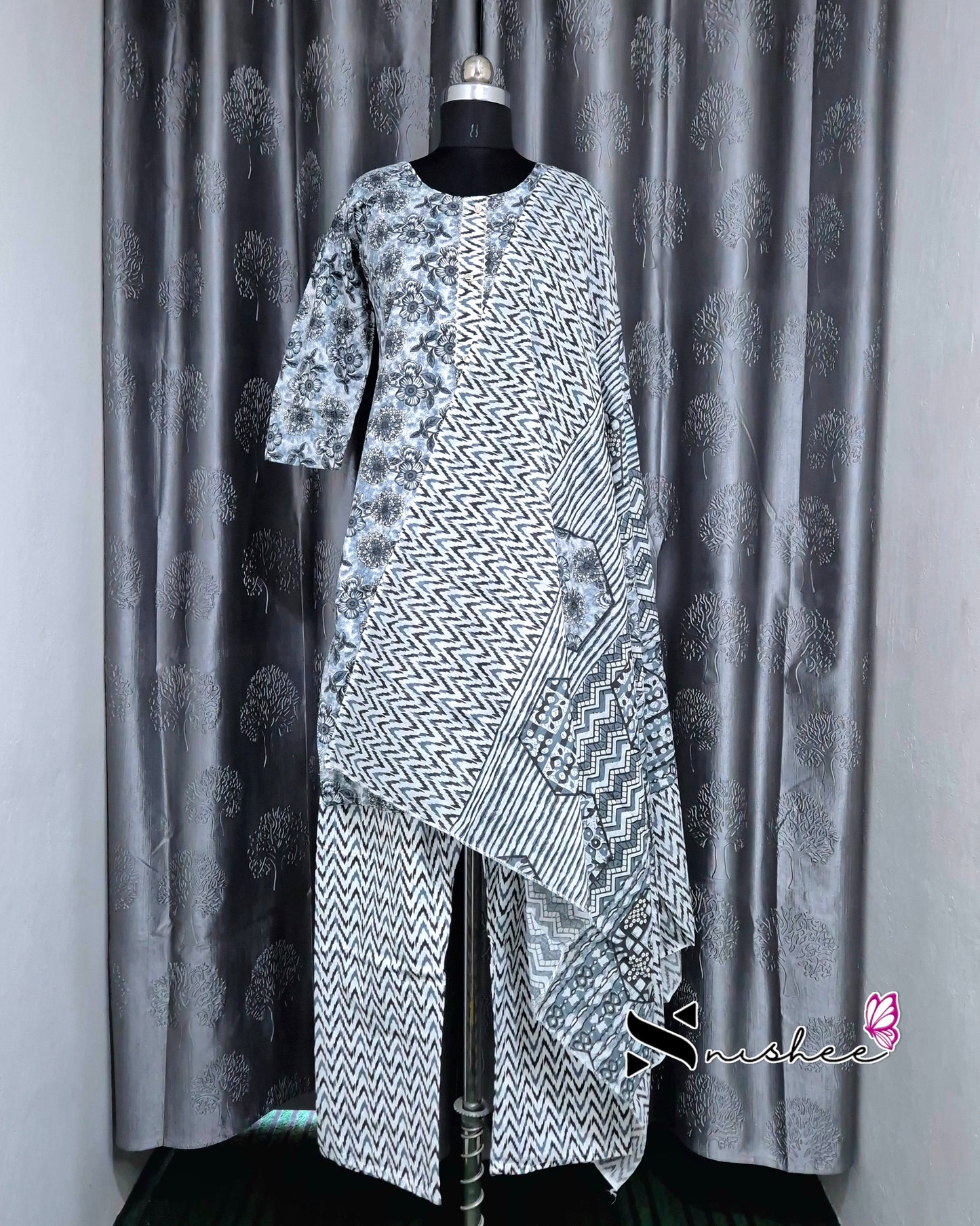 Grey Floral Kurti Set with Dupatta