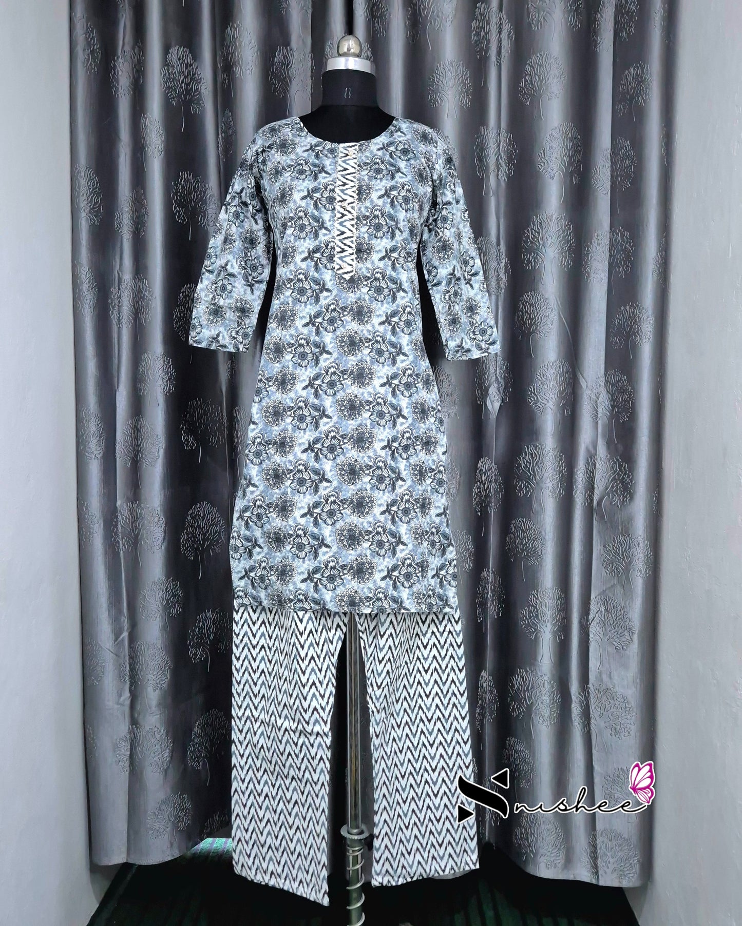 Grey Floral Kurti Set with Dupatta