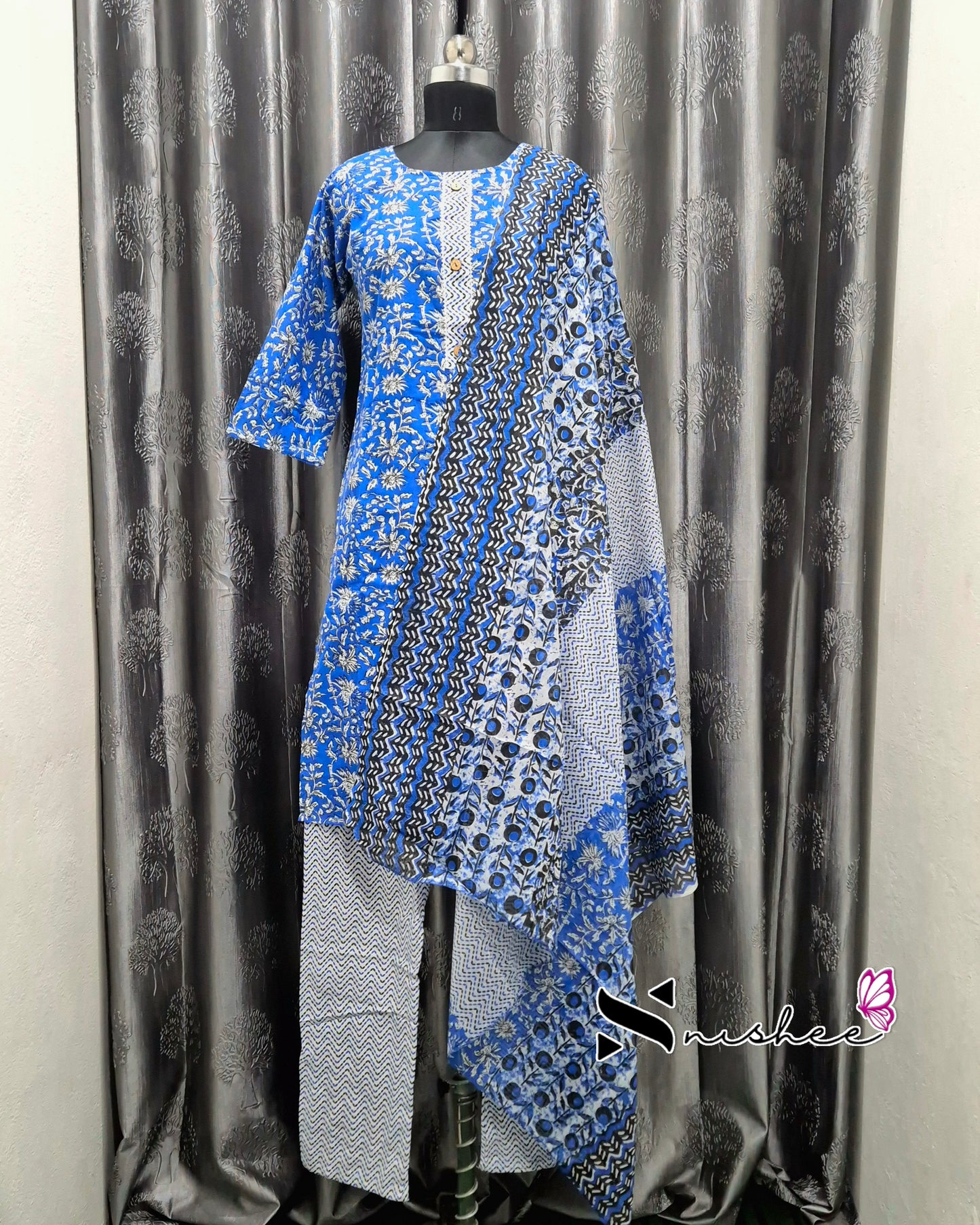 Royal Blue Floral Kurti Set with Dupatta