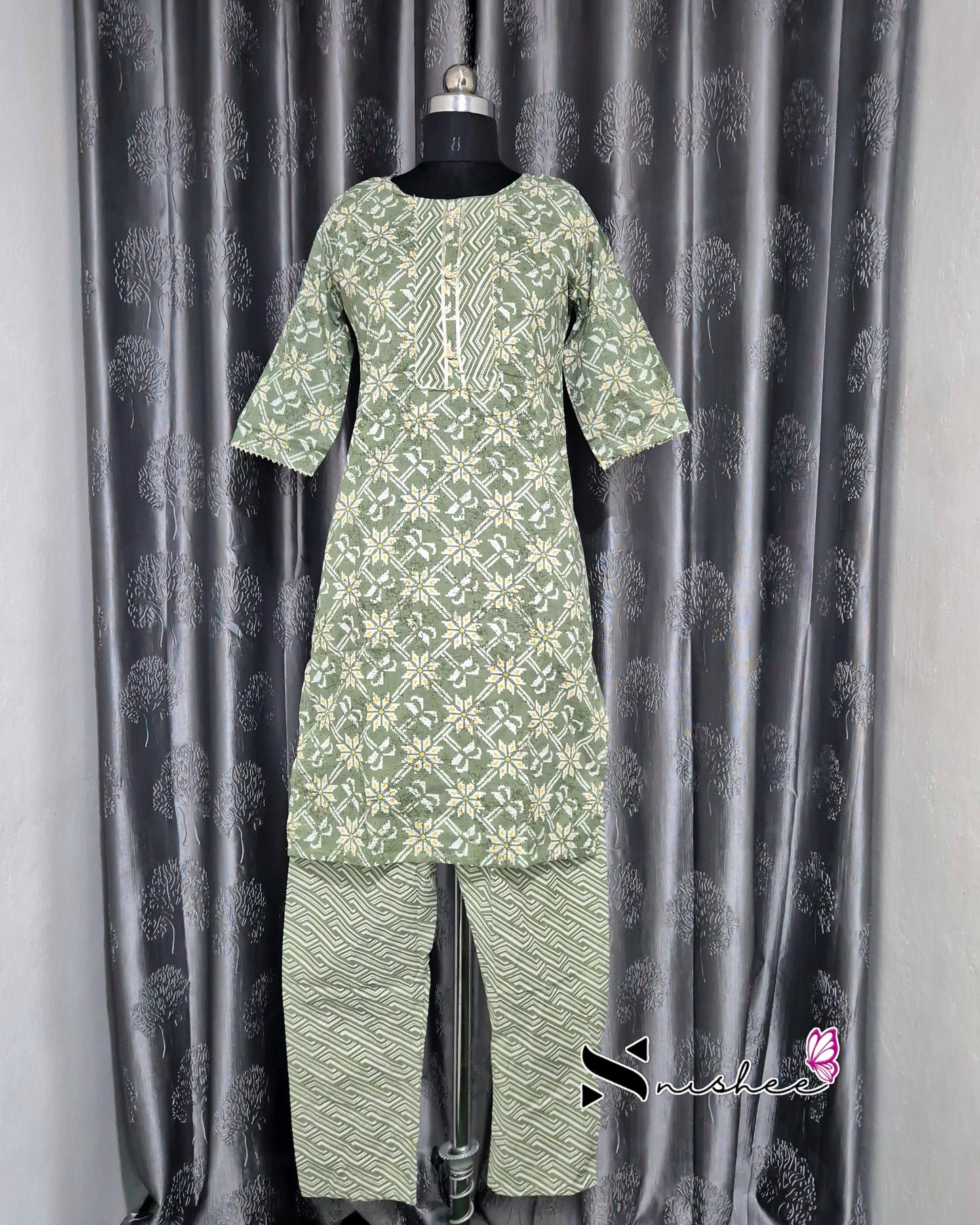 Basil Green Diamond Pattern Floral Kurti Set