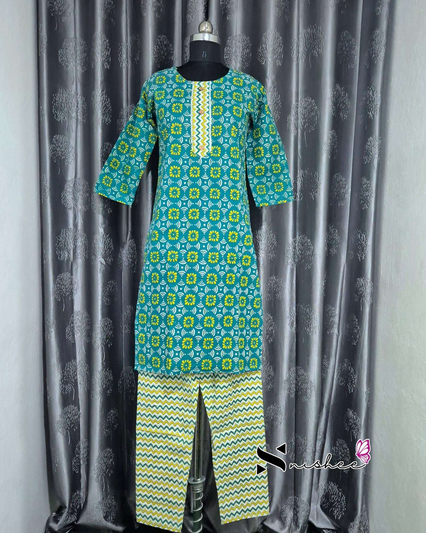 Green Diamond Pattern Kurti Set