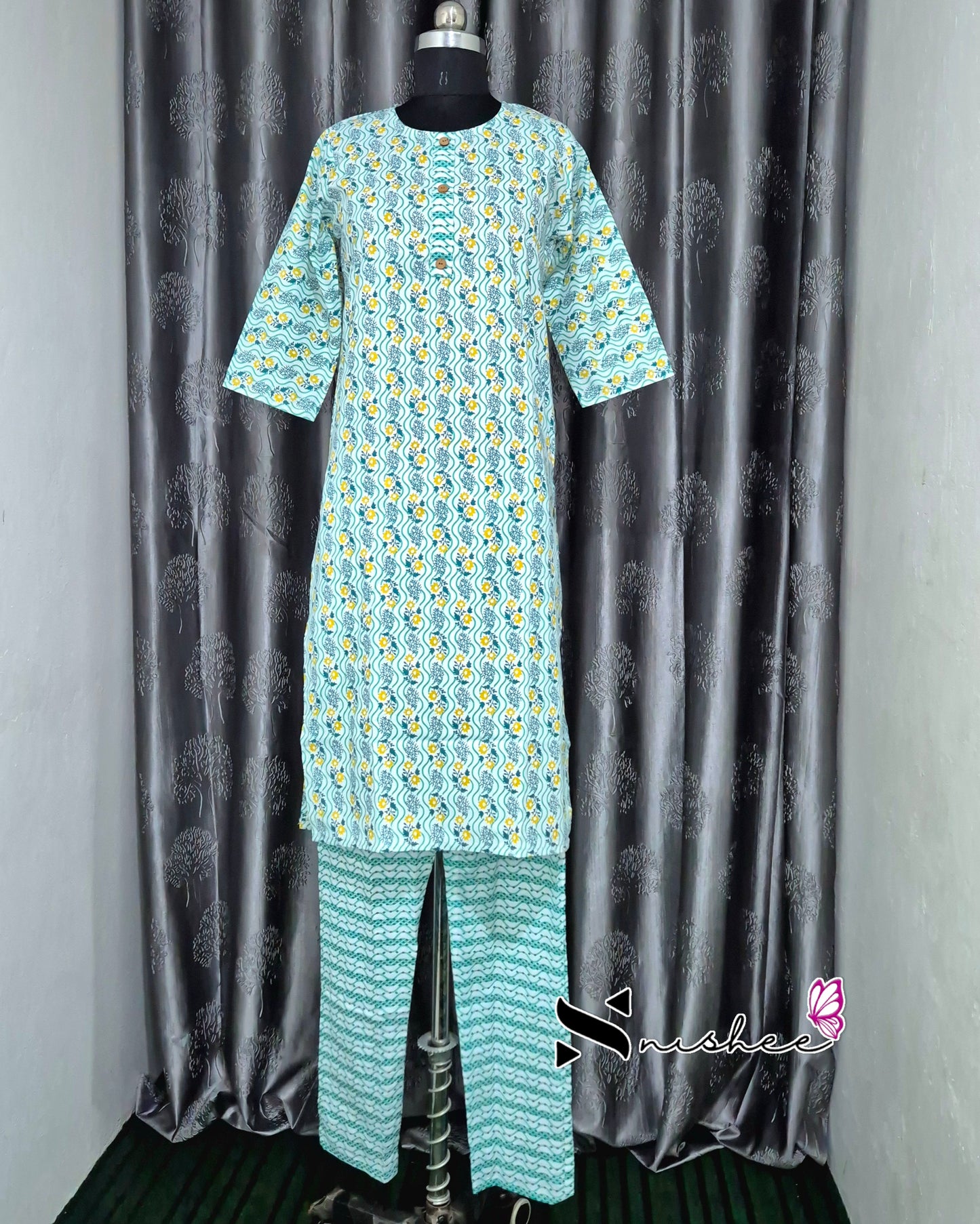 White Creeper Pattern Kurti Set