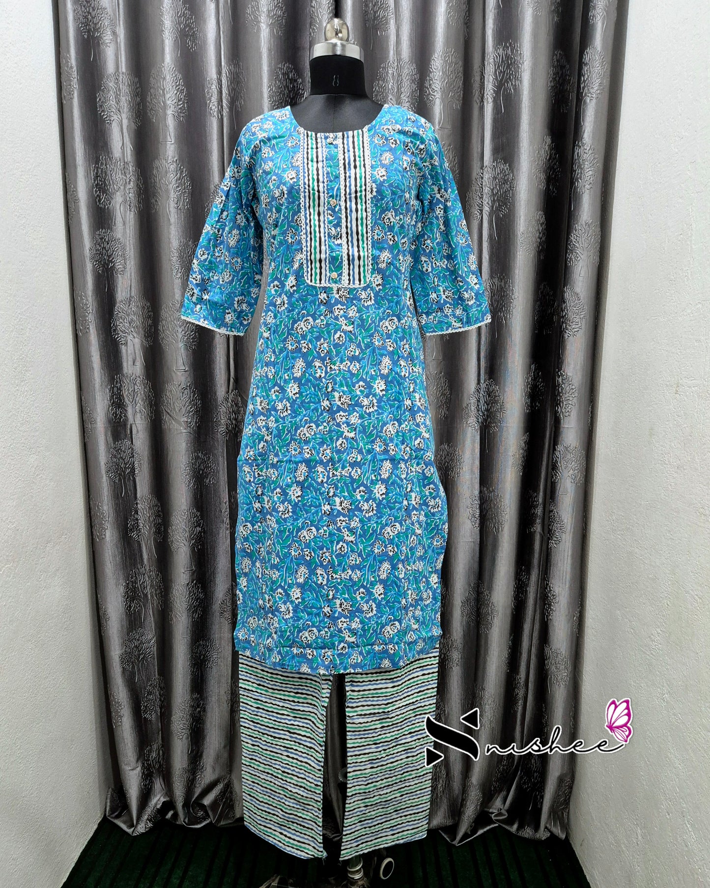 Blue Abstract Floral Print Kurti Set