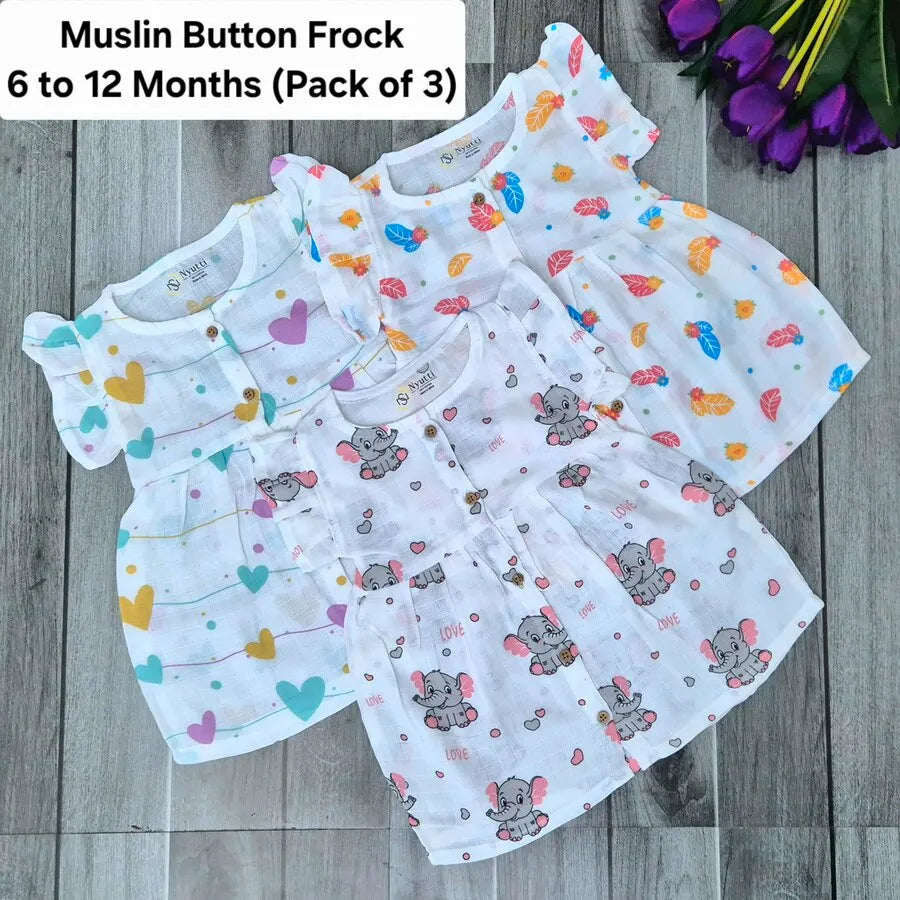 Muslin Button Frock - 6 to 12 Months - A - Pack of 3