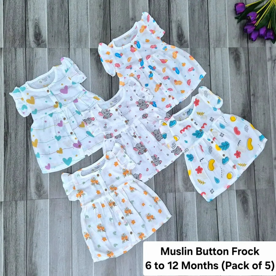 Muslin Button Frock - 6 to 12 Months - A - Pack of 5