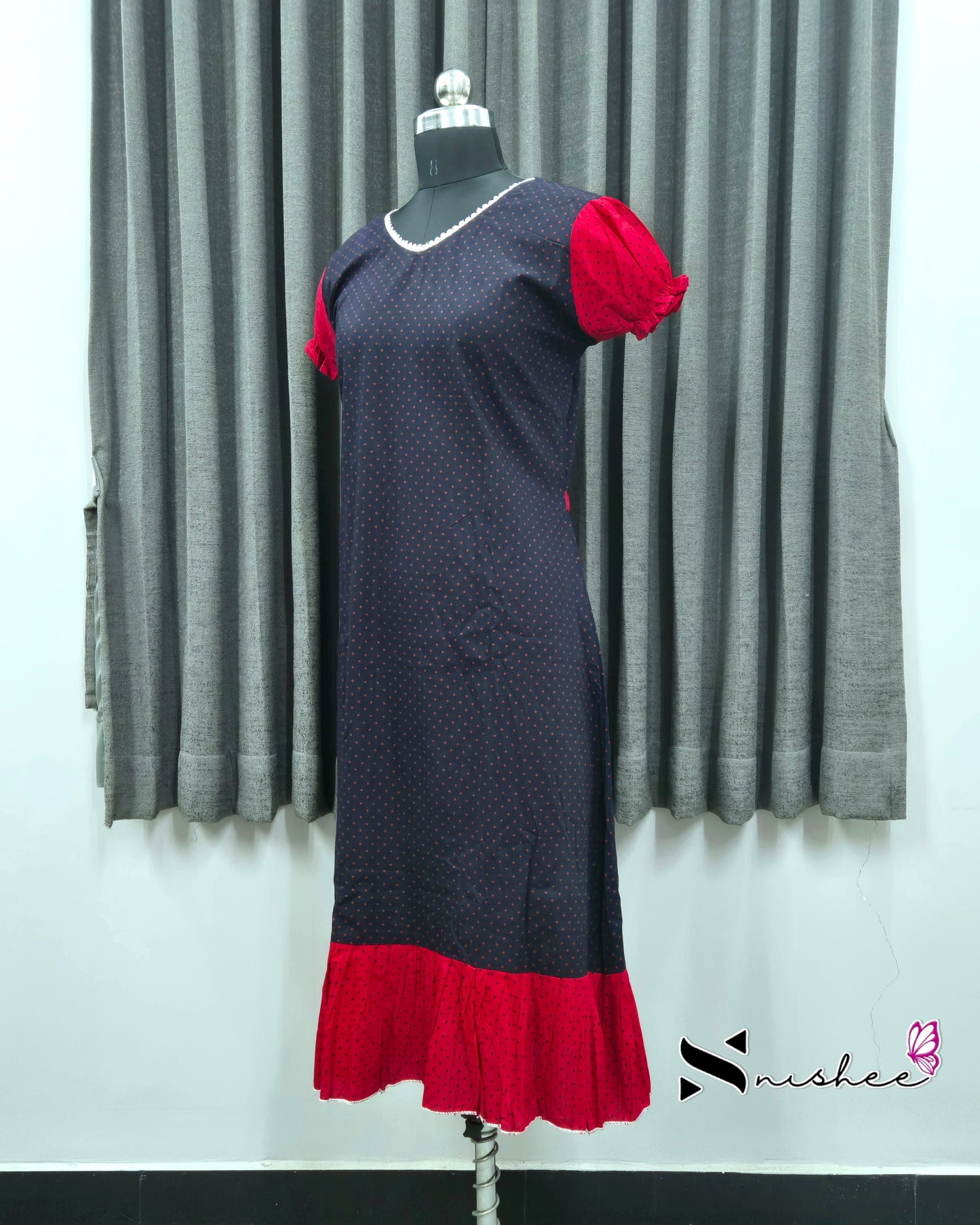 Navy Blue/ Red Dotted V Neck Frock Nighty