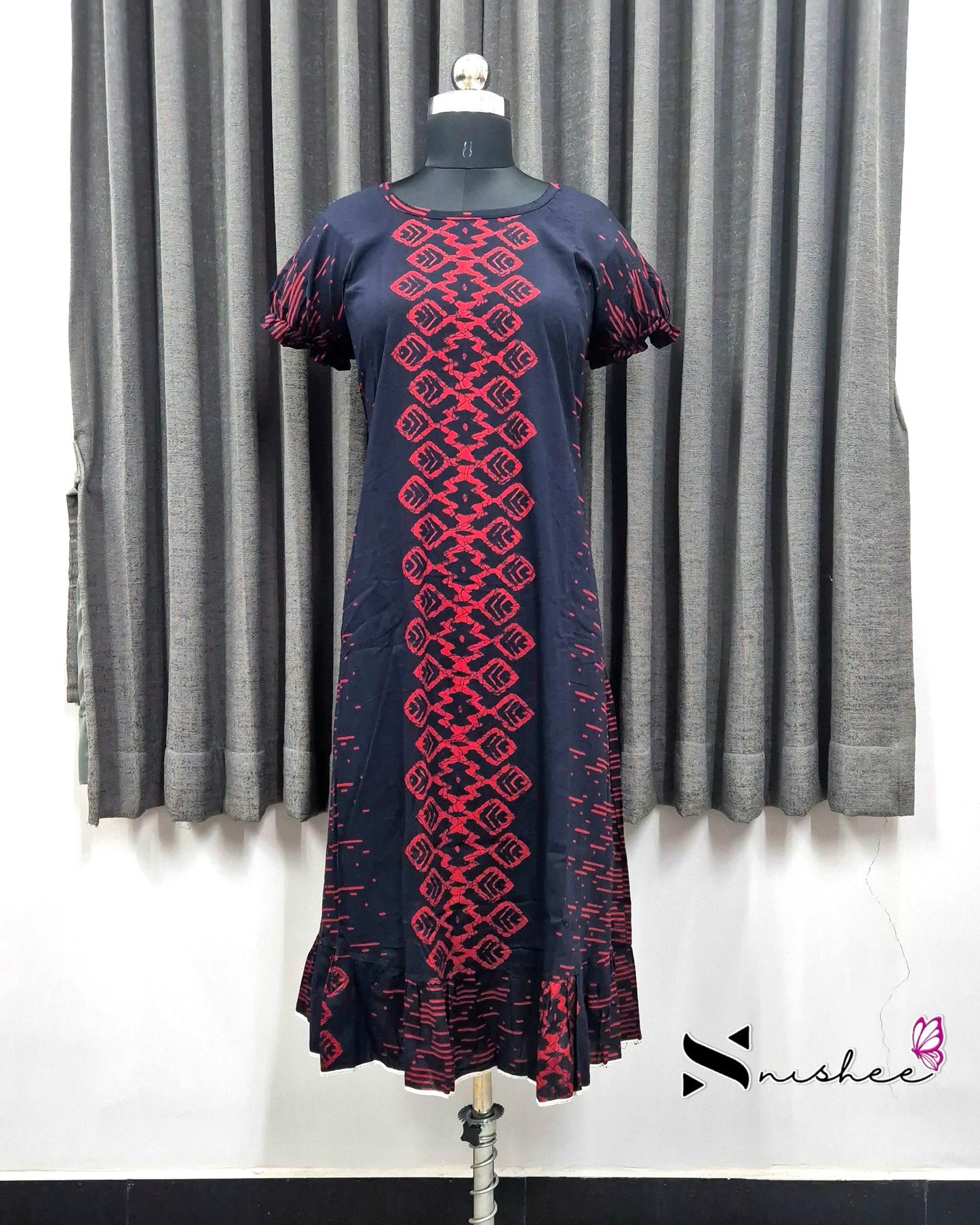Navy Blue Center Print Frock Nighty