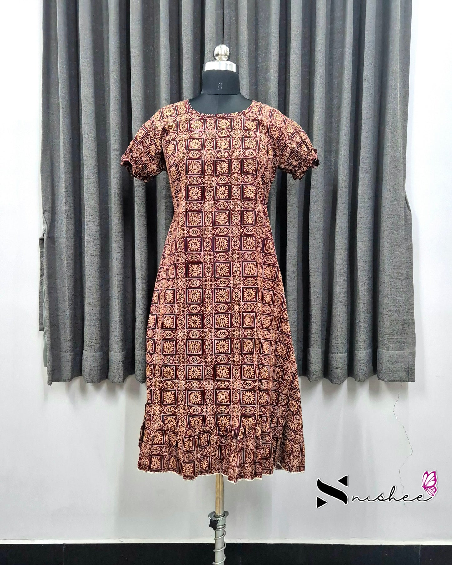 Maroon Ajrak Print Frock Nighty