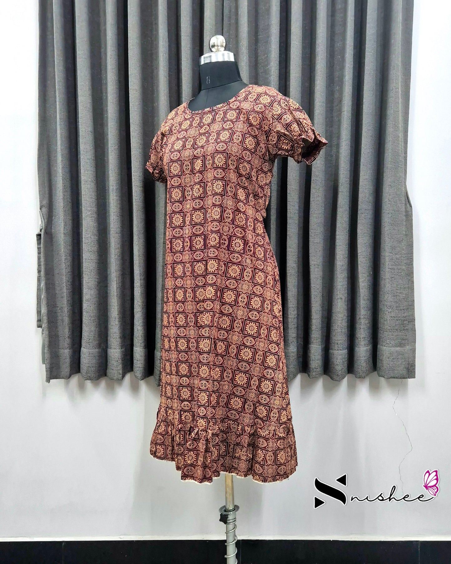 Maroon Ajrak Print Frock Nighty