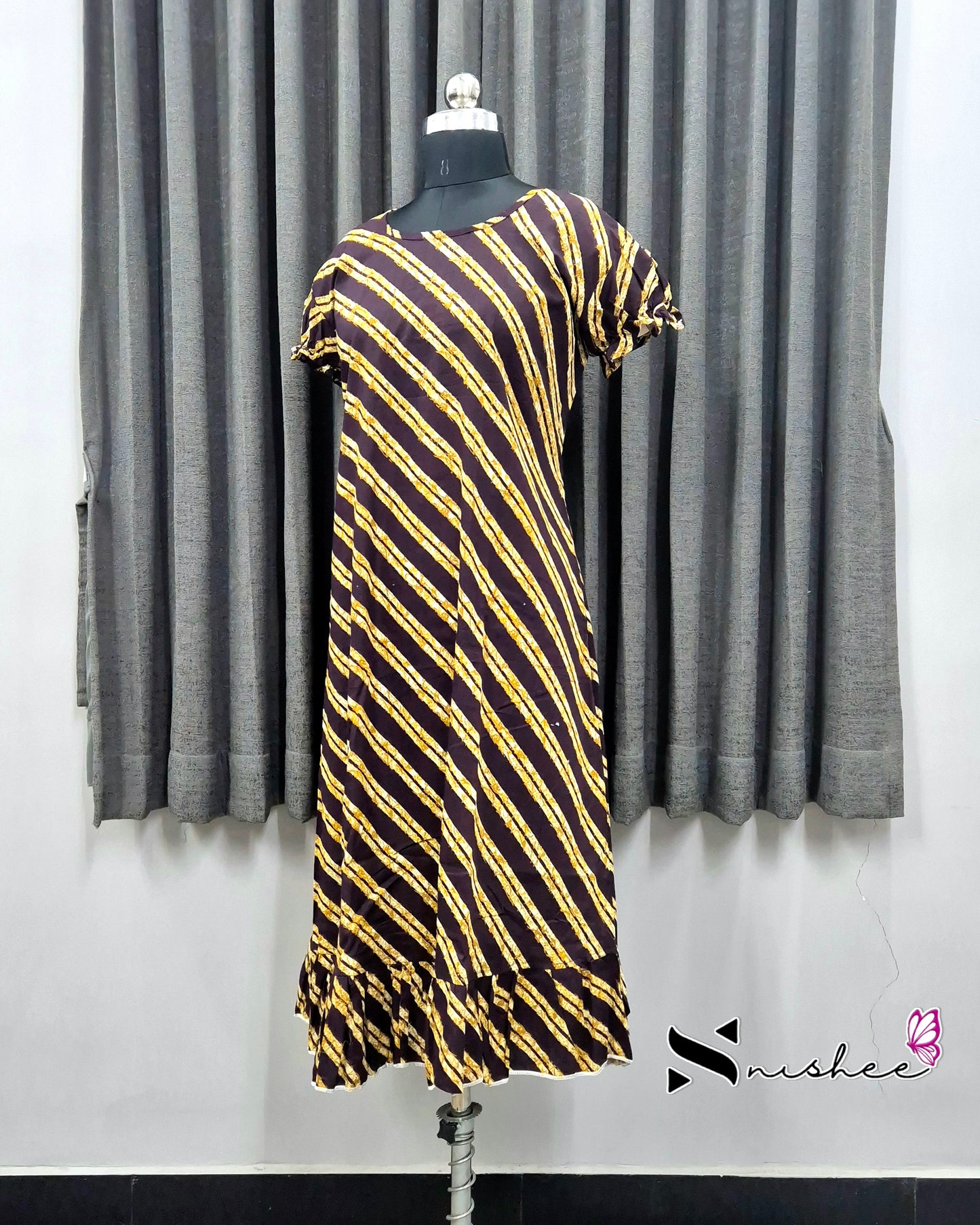 Brown Diagonal Stripes Frock Nighty