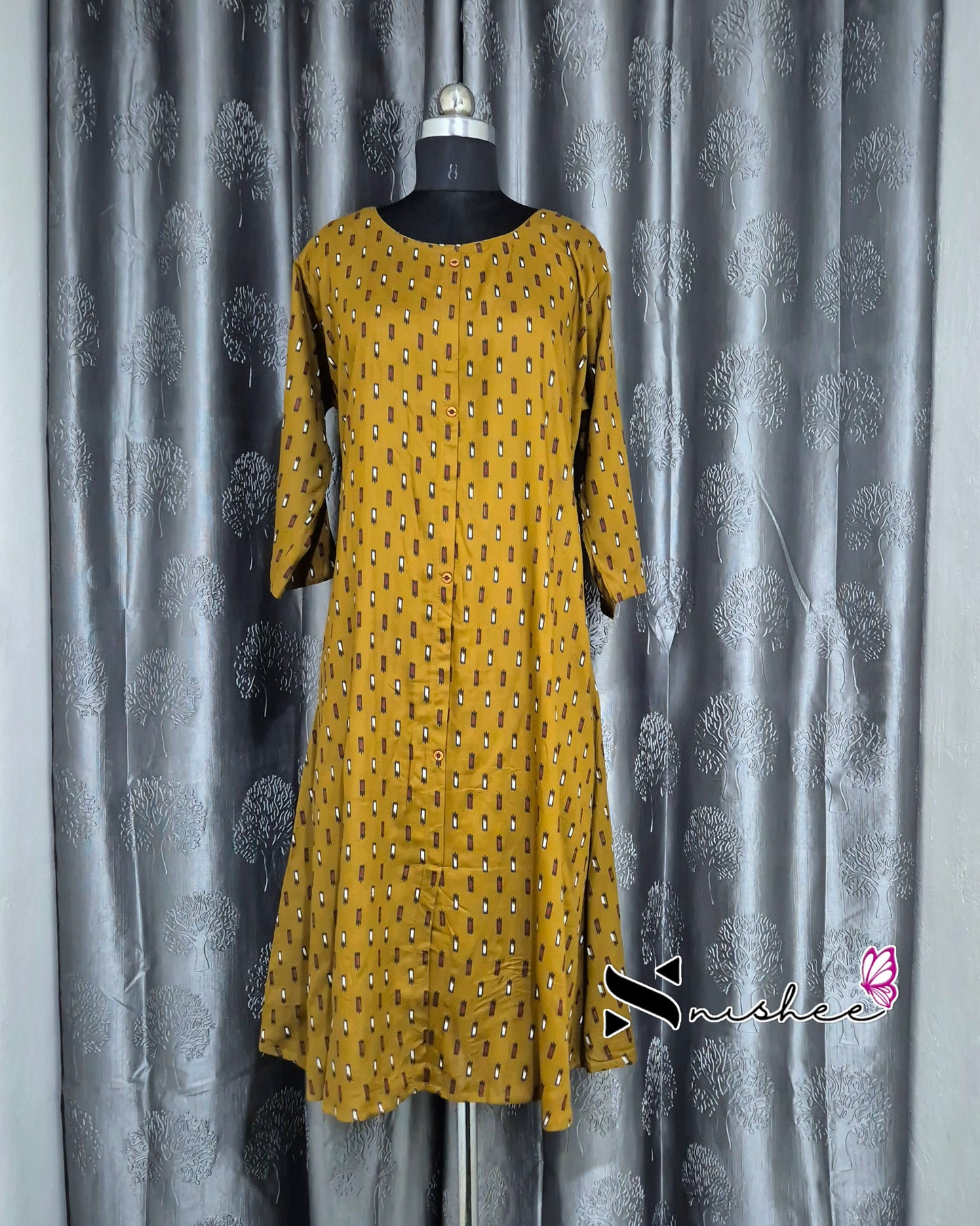 Golden Brown Ikat Print A Line Plus Size Kurti