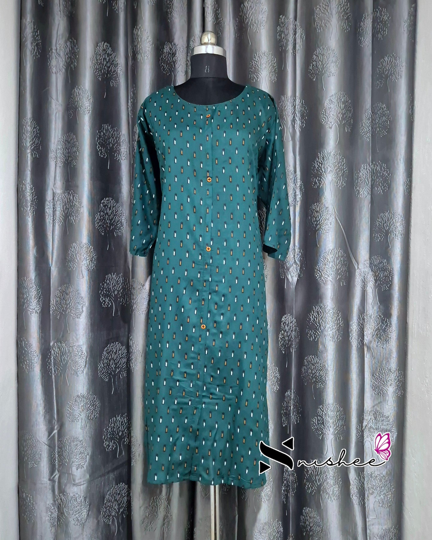 Teal Green Ikat Print A Line Plus Size Kurti