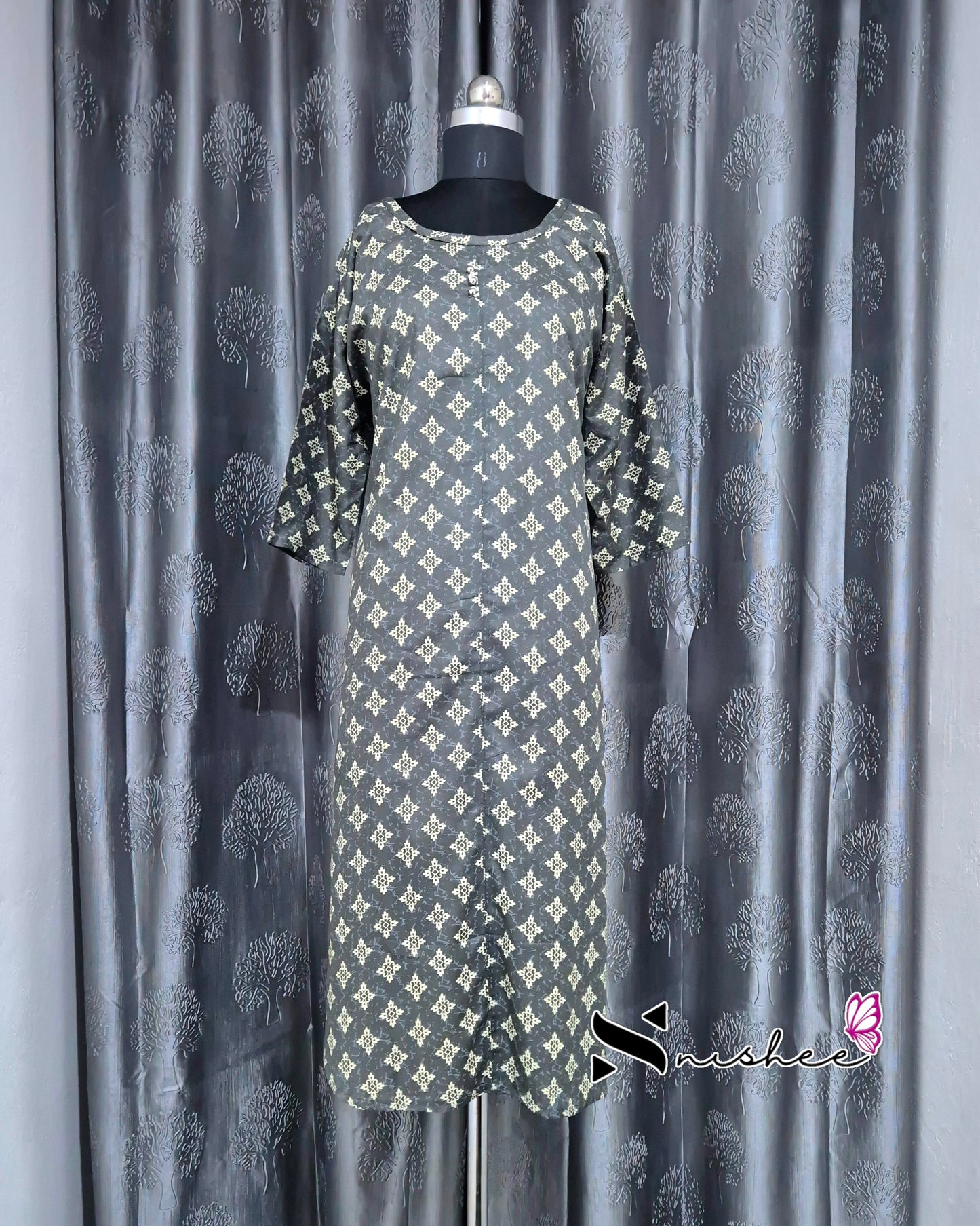 Grey Motif A Line Plus Size Kurti