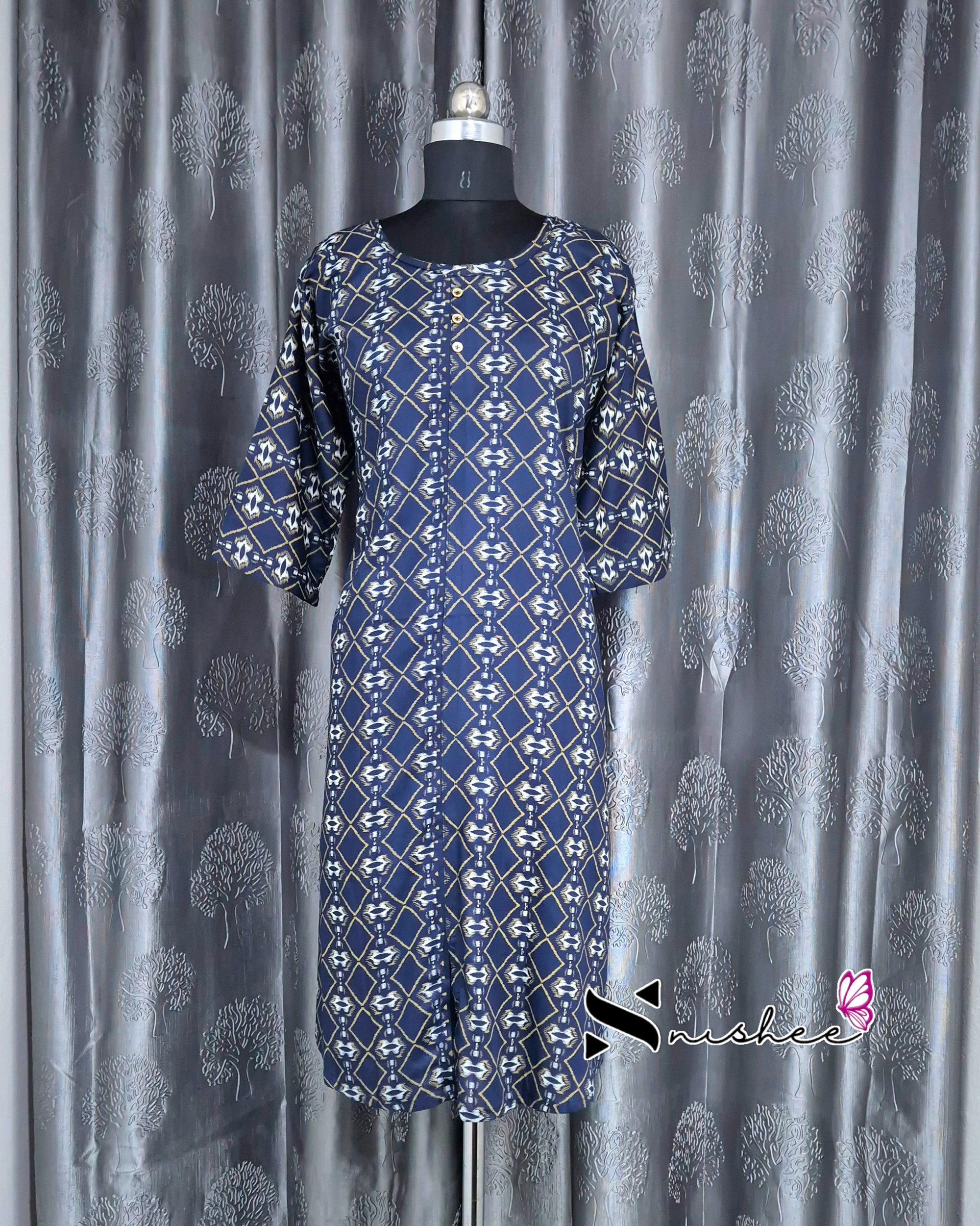 Navy Blue Diamond Print A Line Plus Size Kurti