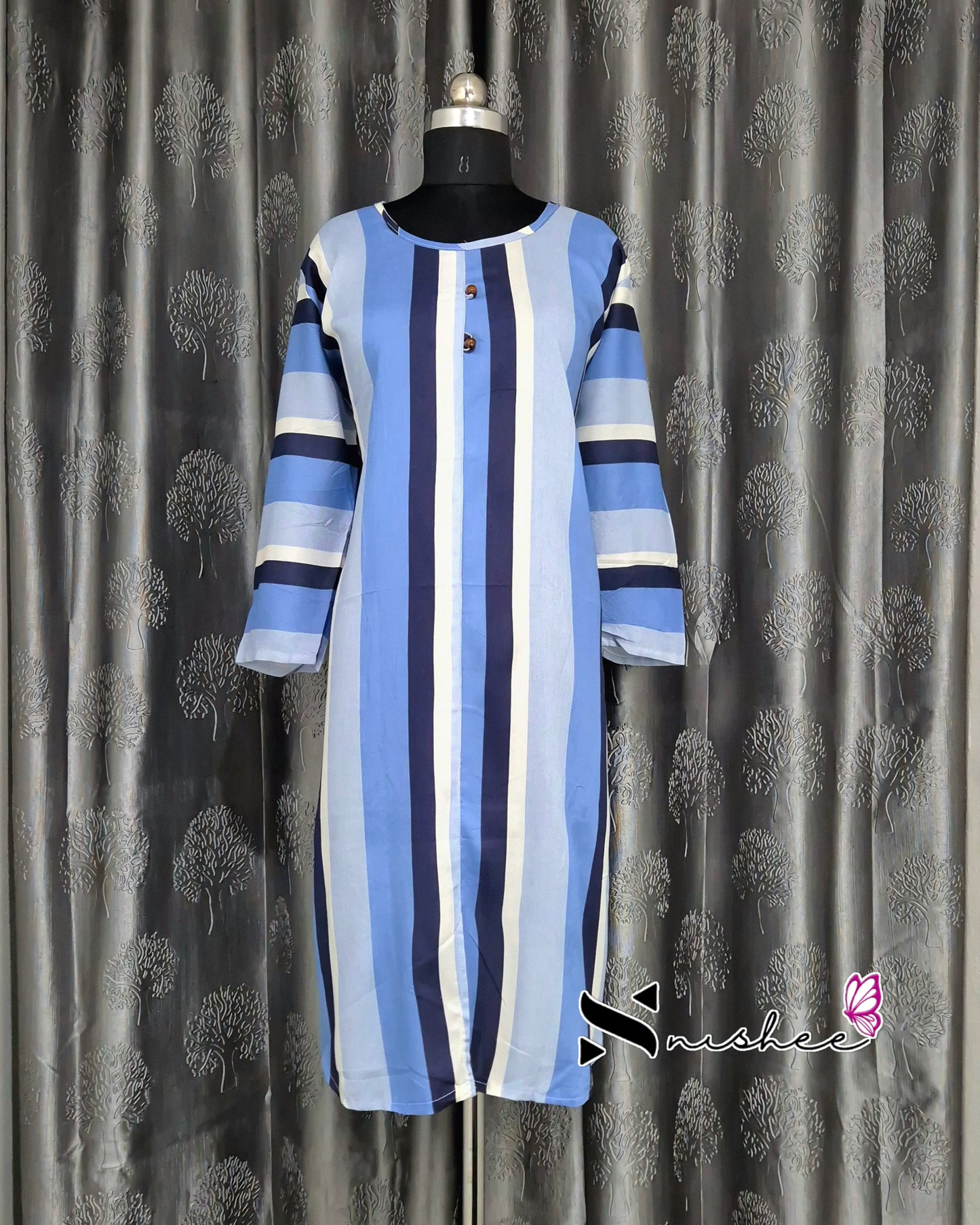 Sky Blue Striped A Line Plus Size Kurti