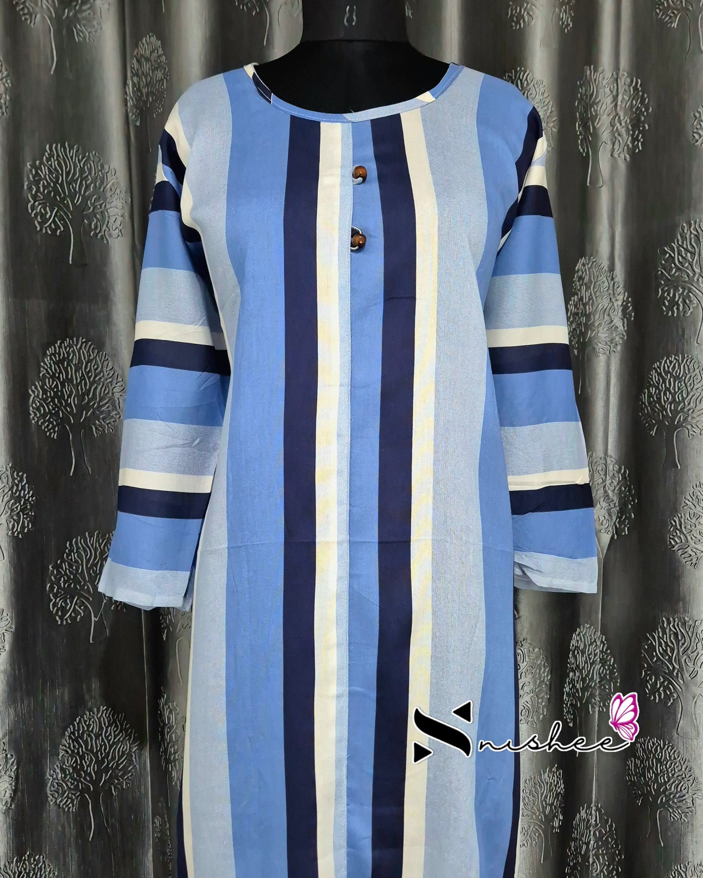 Sky Blue Striped A Line Plus Size Kurti