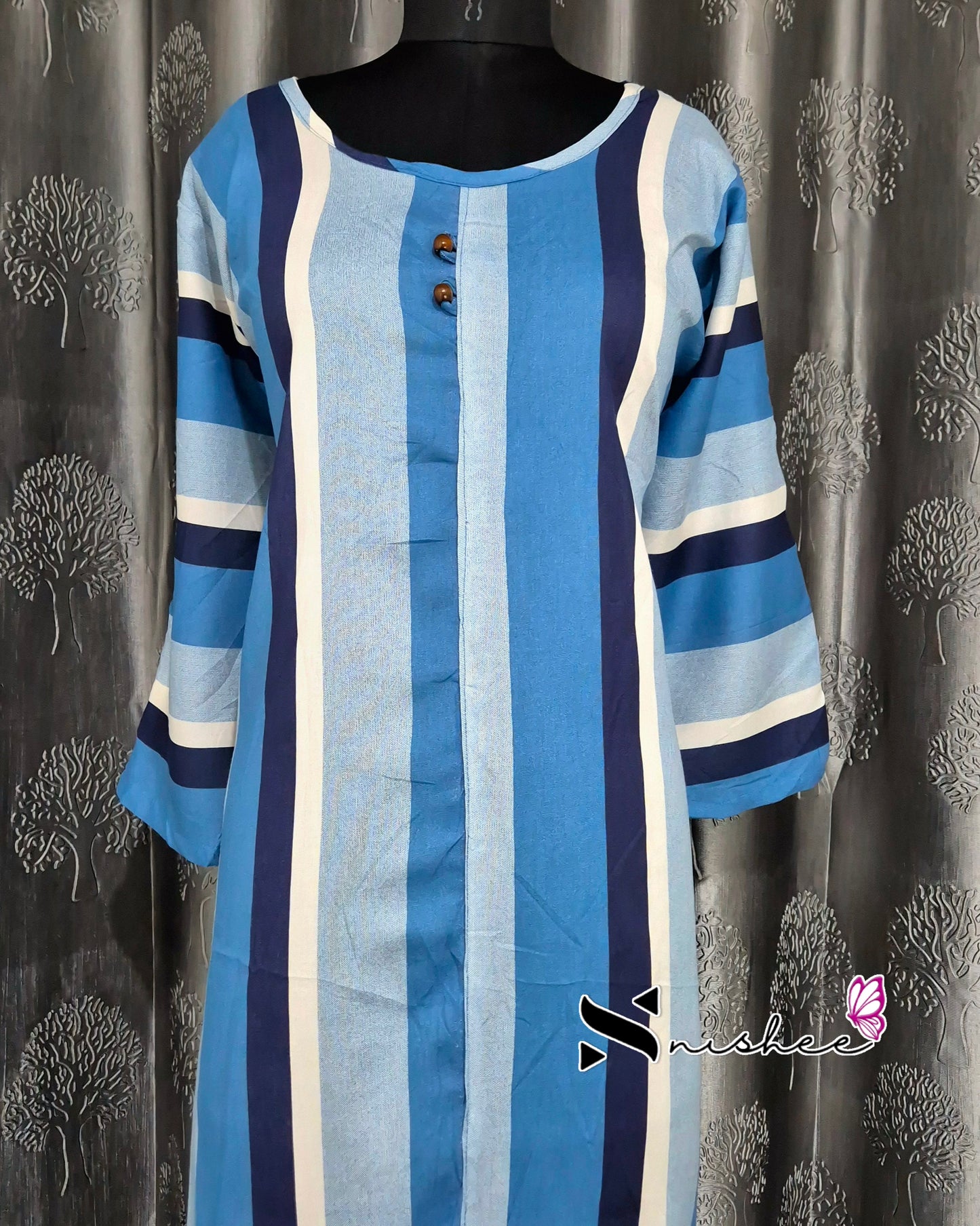 Teal Blue Striped A Line Plus Size Kurti