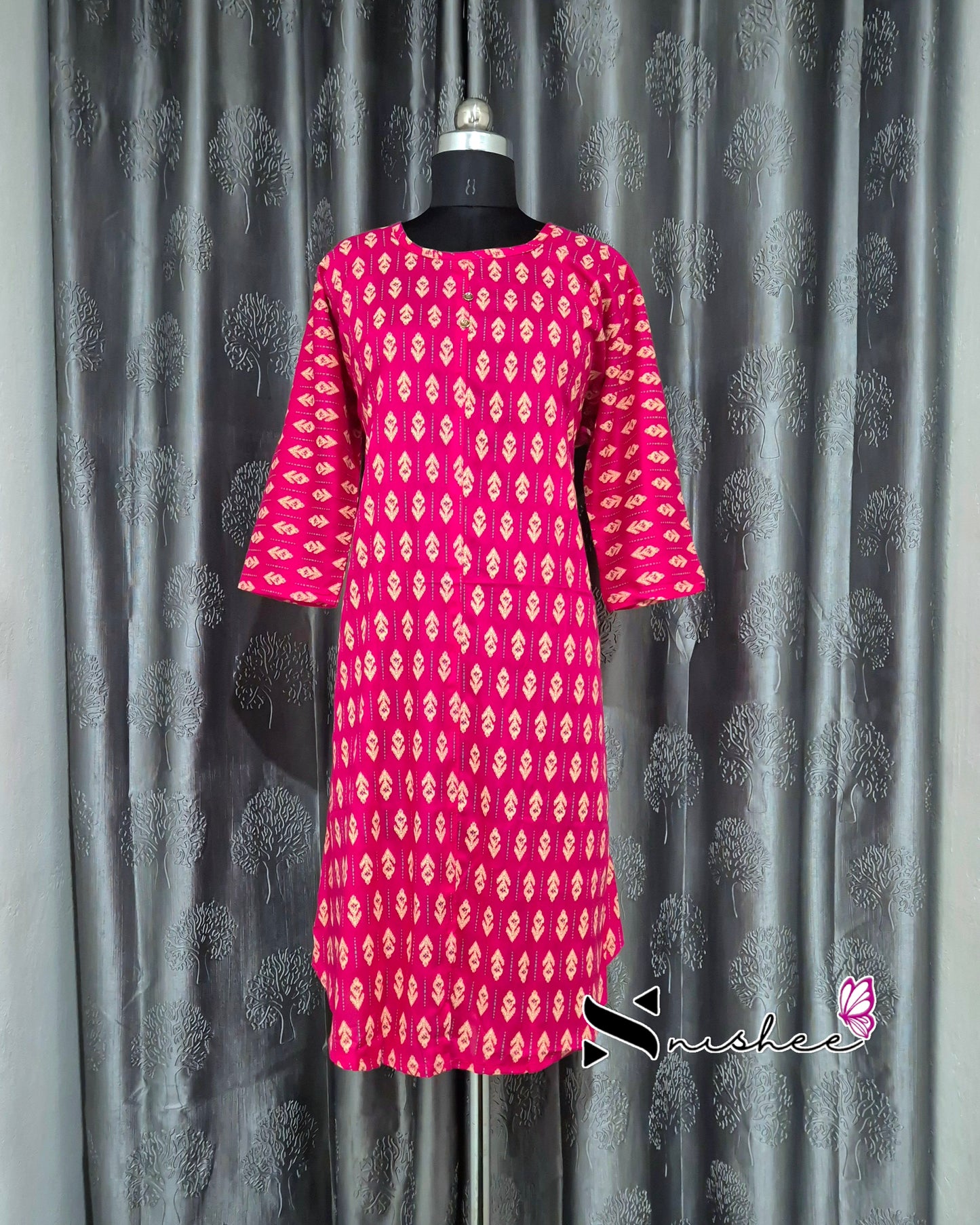 Pink Motif Print A Line Plus Size Kurti