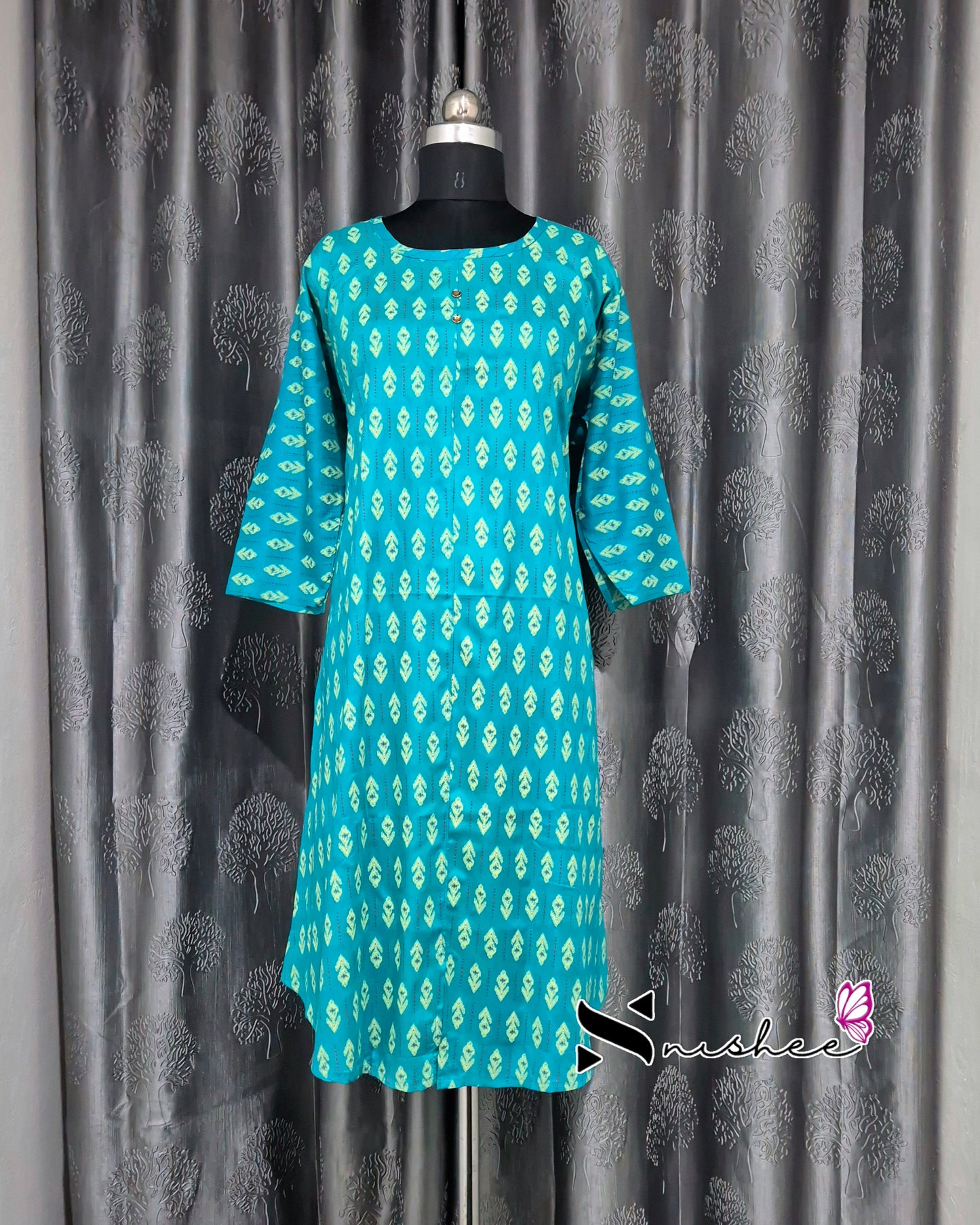Blue Motif Print A Line Plus Size Kurti