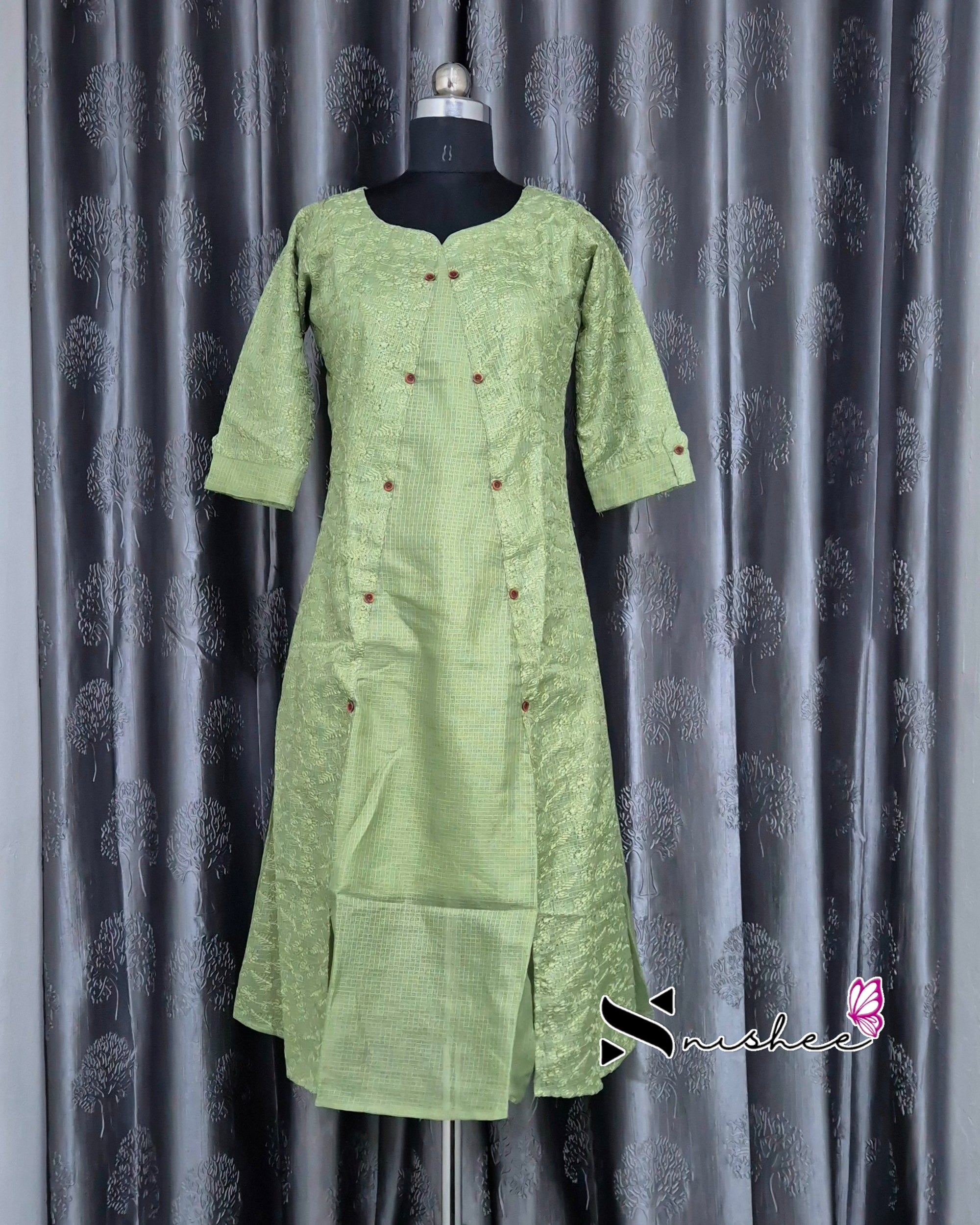 Chikankari Embroidered Green Kurti
