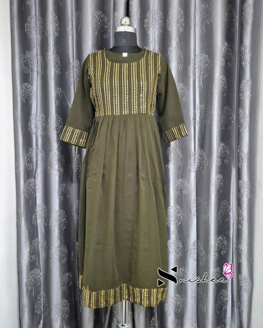 Sequence Embroidered Olive Green Flare Dress