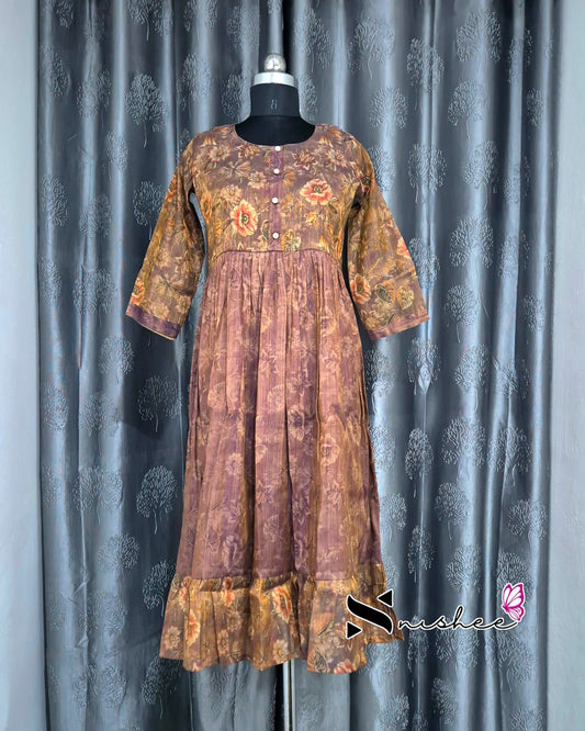 Digital Floral Printed Purplish Copper Frock