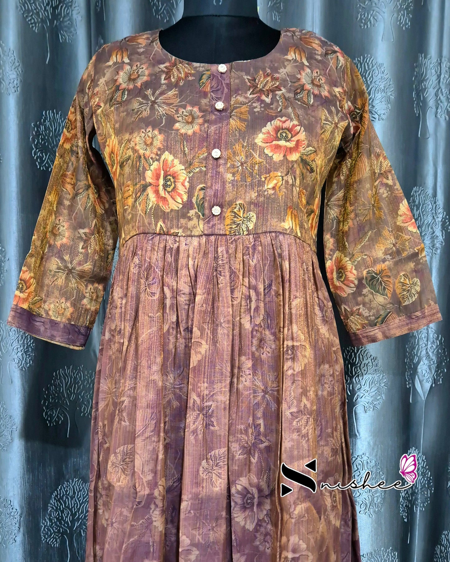 Digital Floral Printed Purplish Copper Frock