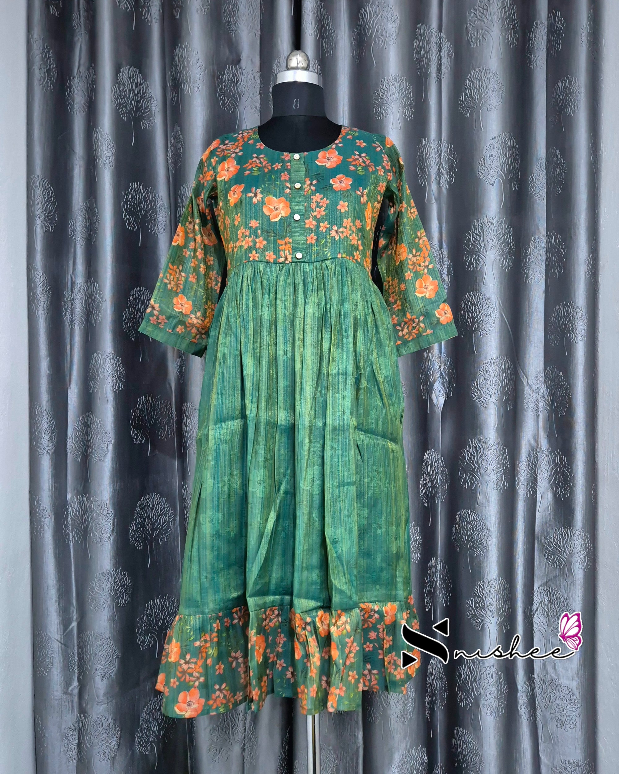 Digital Floral Printed Green Frock