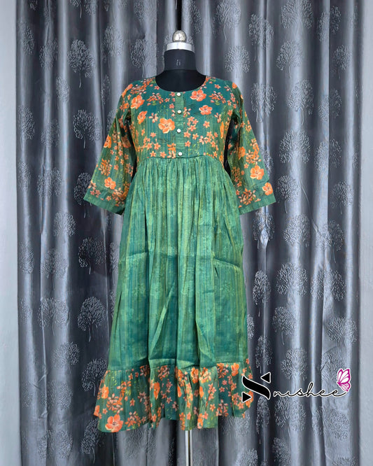 Digital Floral Printed Green Frock