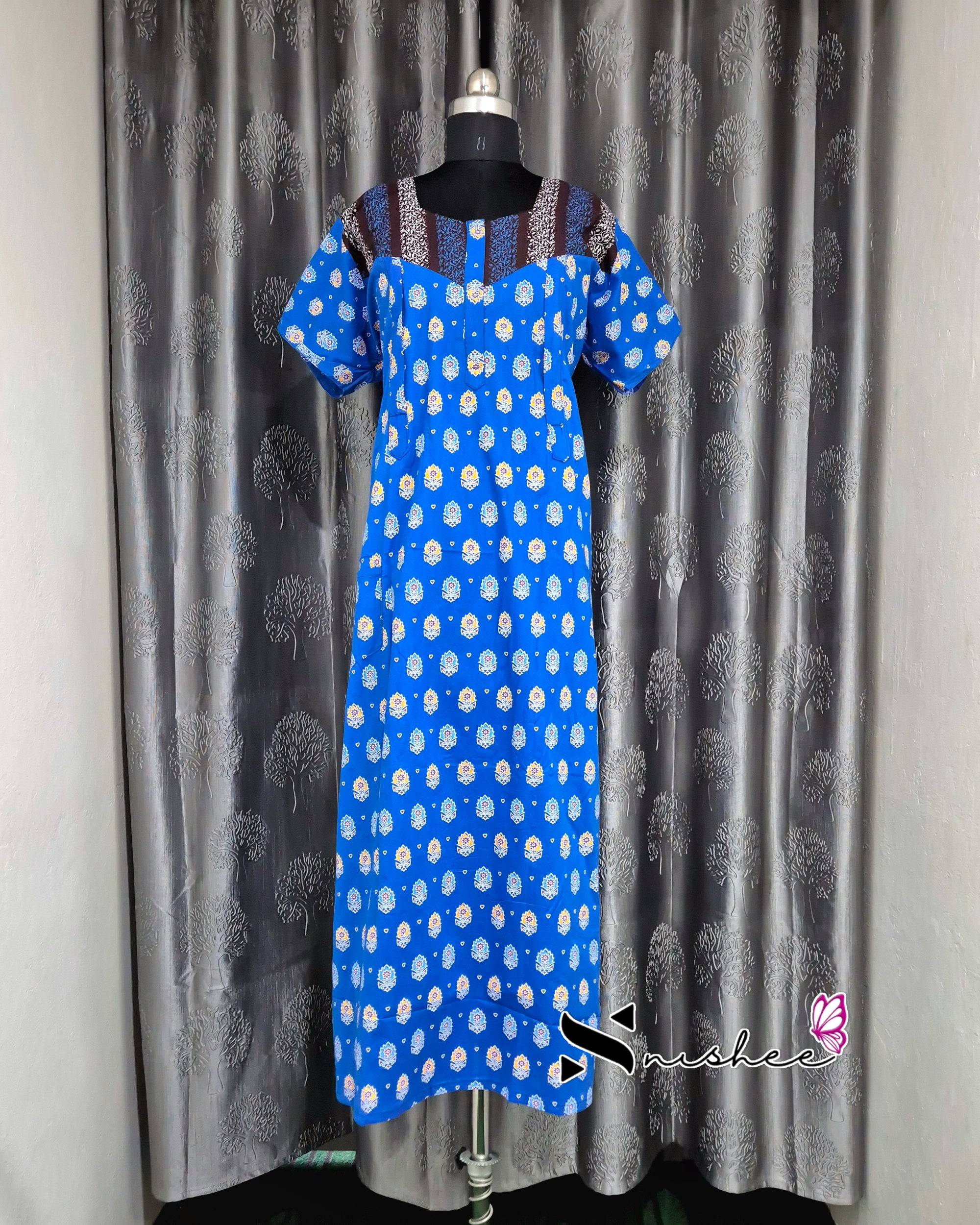 Blue/ Brown Motif Cotton Feeding Nighty