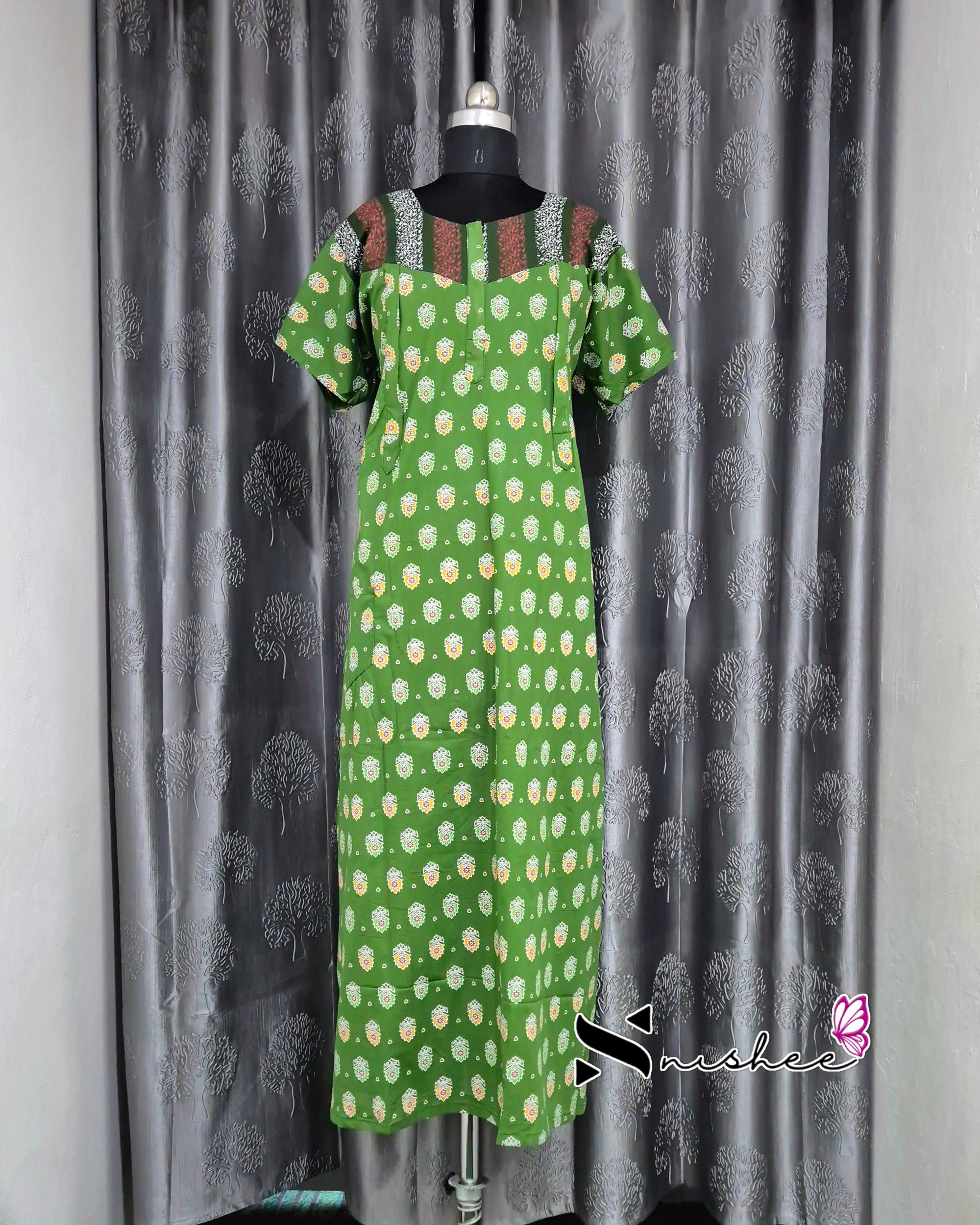 Green/ Bottle Green Motif Cotton Feeding Nighty