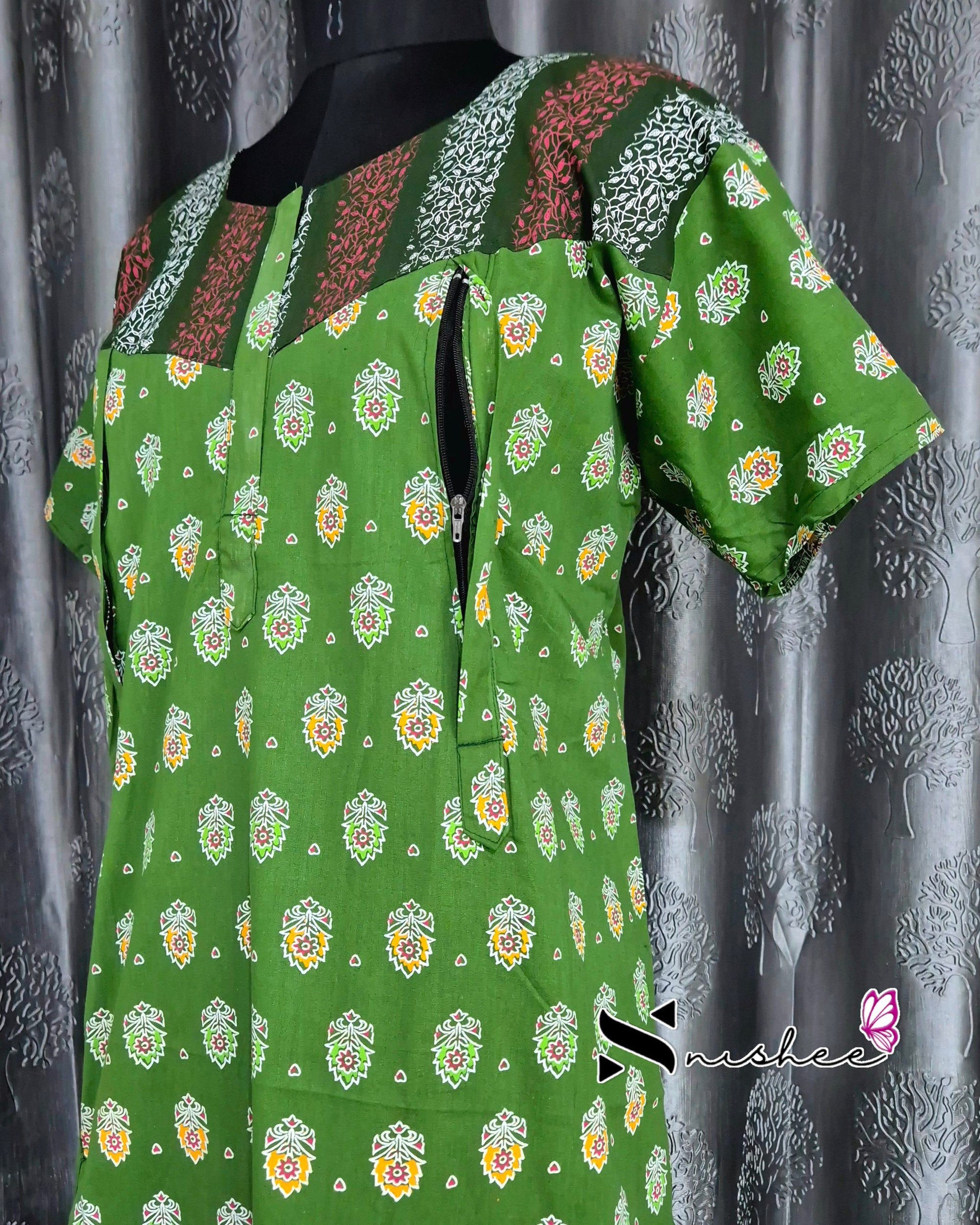 Green/ Bottle Green Motif Cotton Feeding Nighty