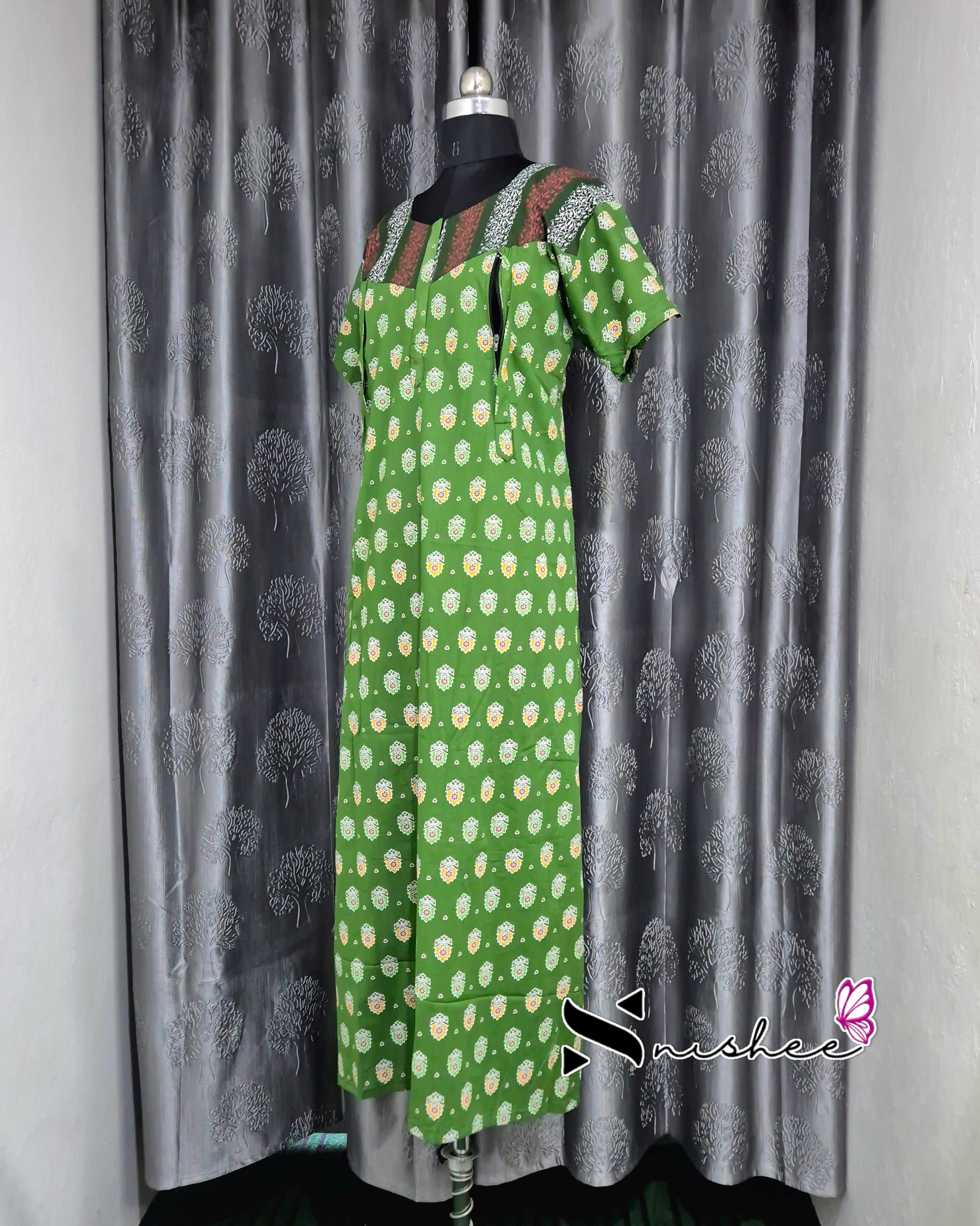 Green/ Bottle Green Motif Cotton Feeding Nighty