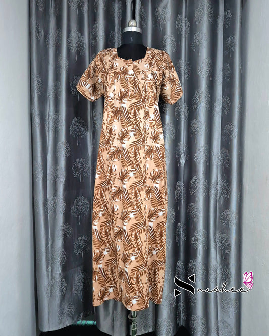 Leaf Printed Brown Cotton Feeding Nighty