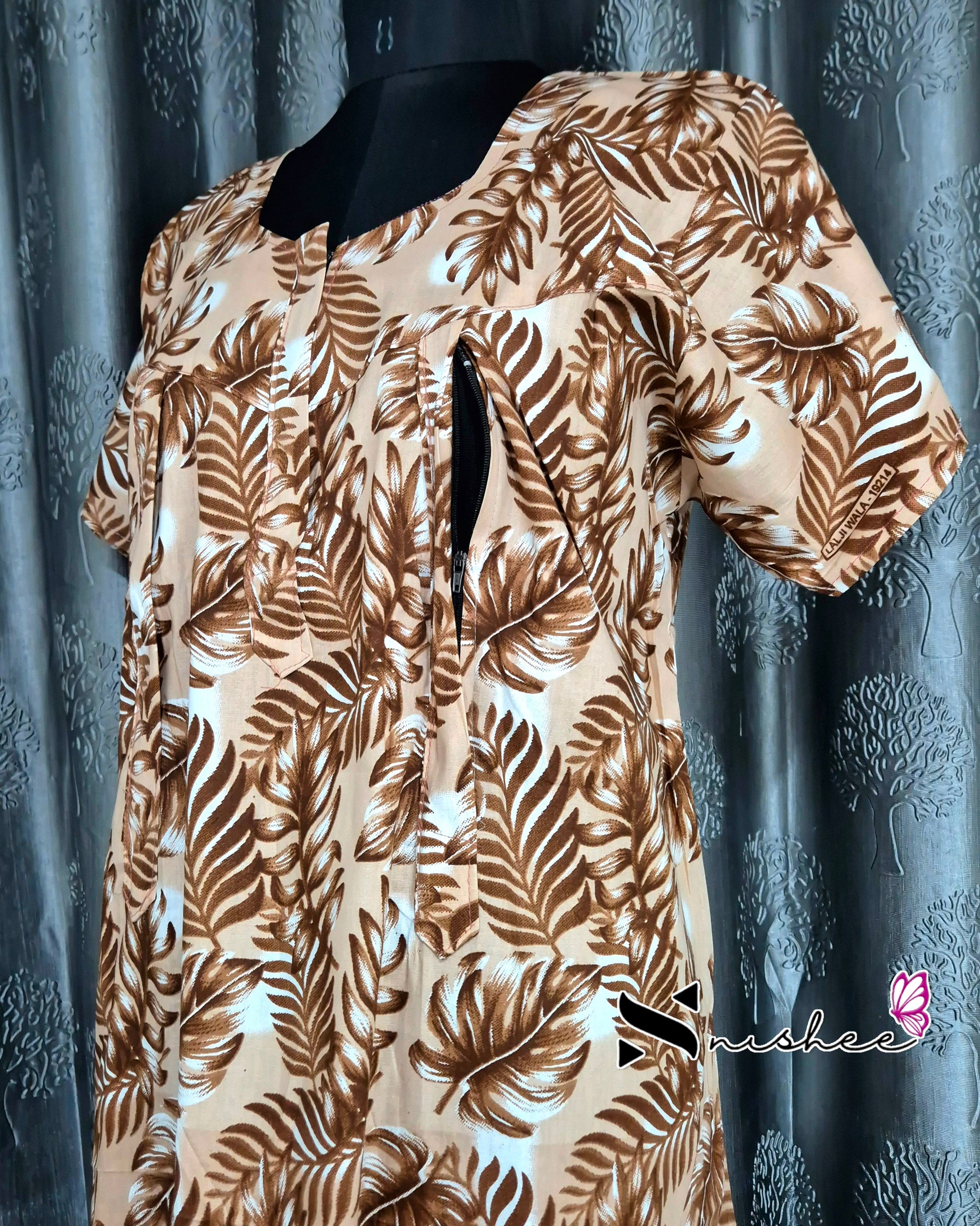 Leaf Printed Brown Cotton Feeding Nighty