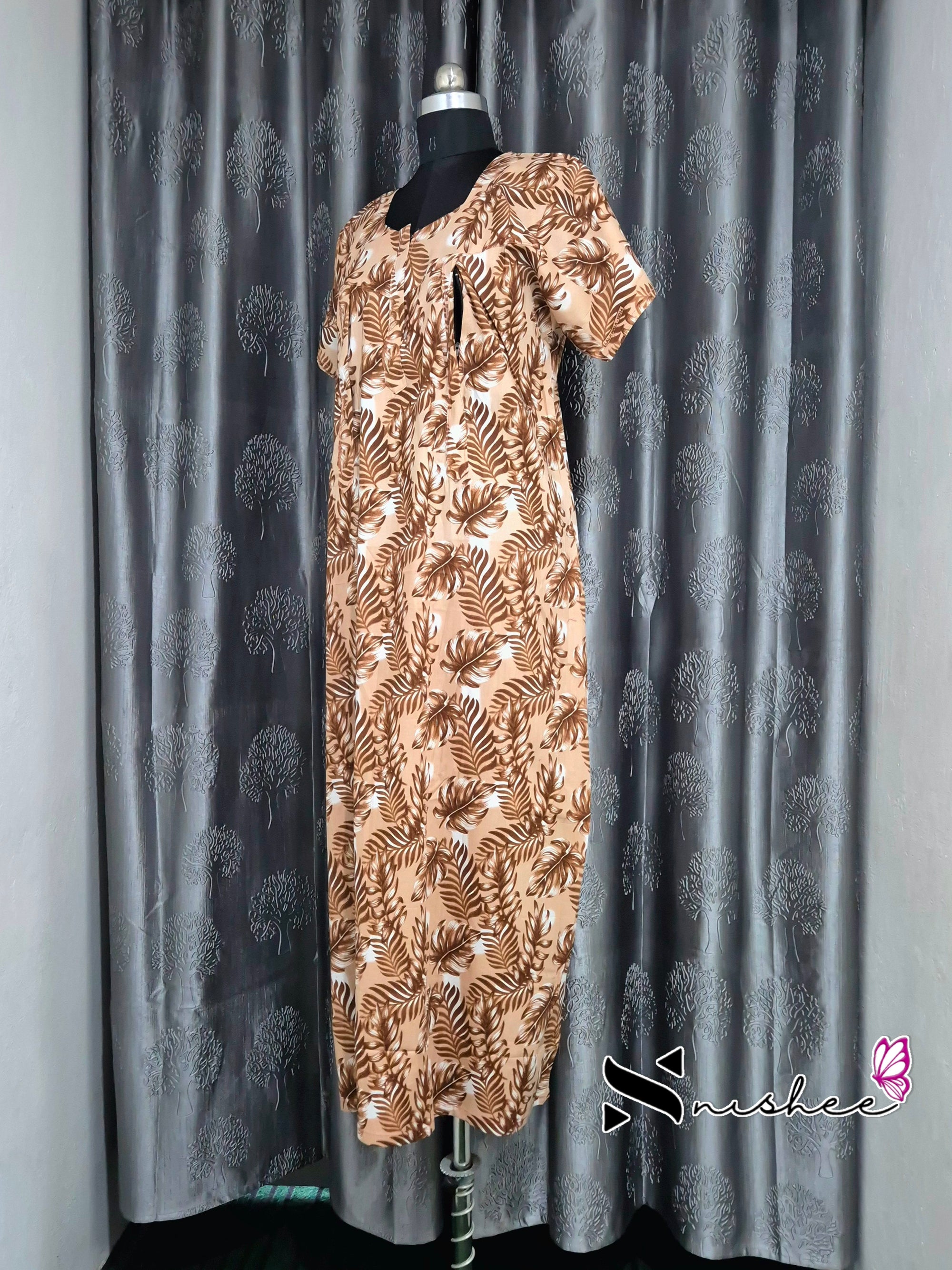 Leaf Printed Brown Cotton Feeding Nighty