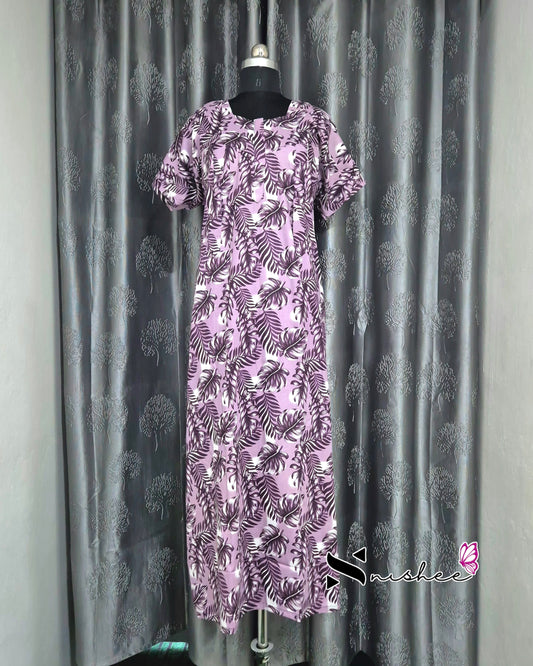Leaf Printed Violet Cotton Feeding Nighty